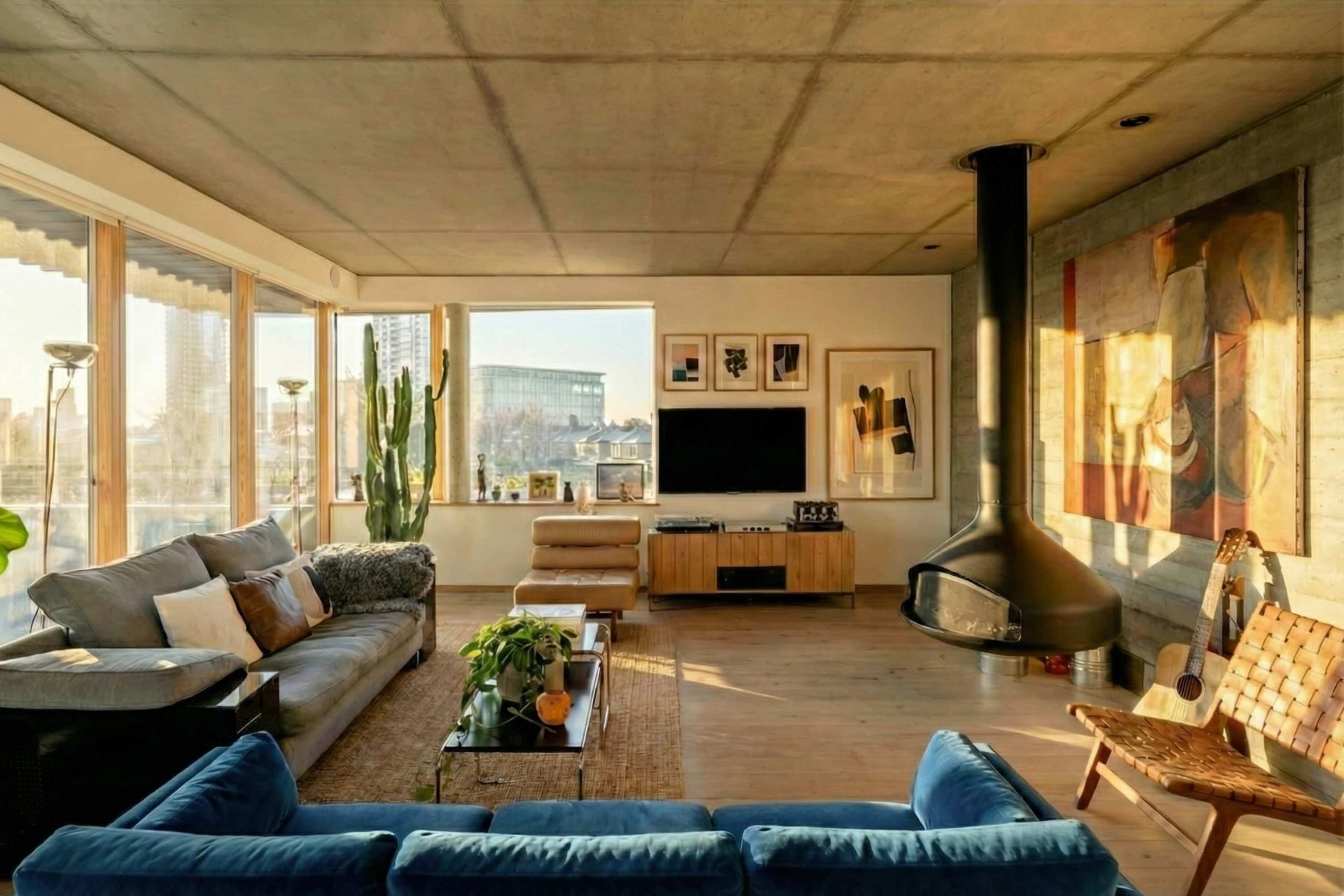 The image shows a modern living room with a sectional sofa, a wall-mounted television, a unique fireplace, and large windows that let in natural light.