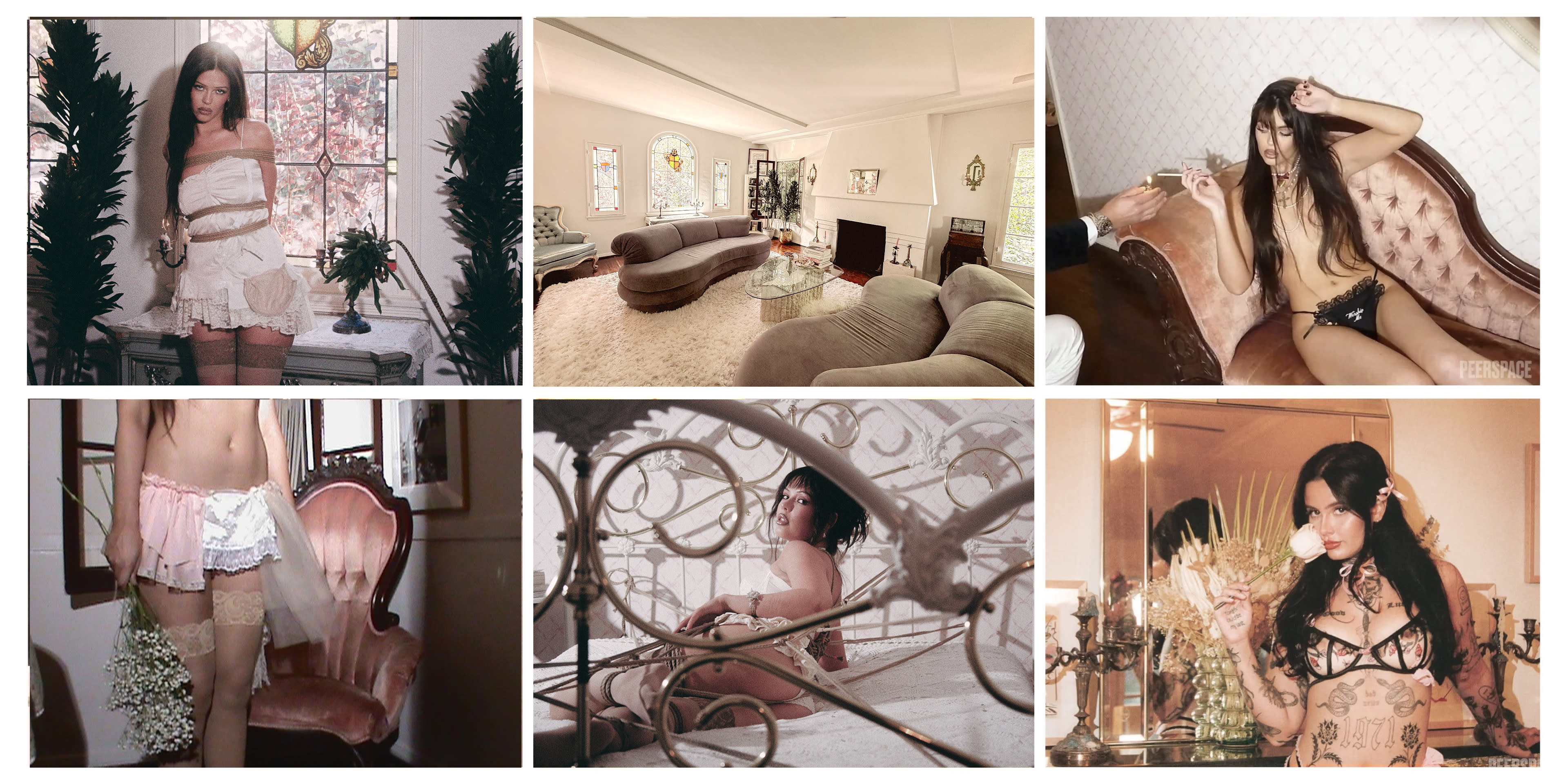 The image features a collage of six photographs, showcasing a woman in various poses and settings, including a tastefully decorated living room and intimate indoor environments.