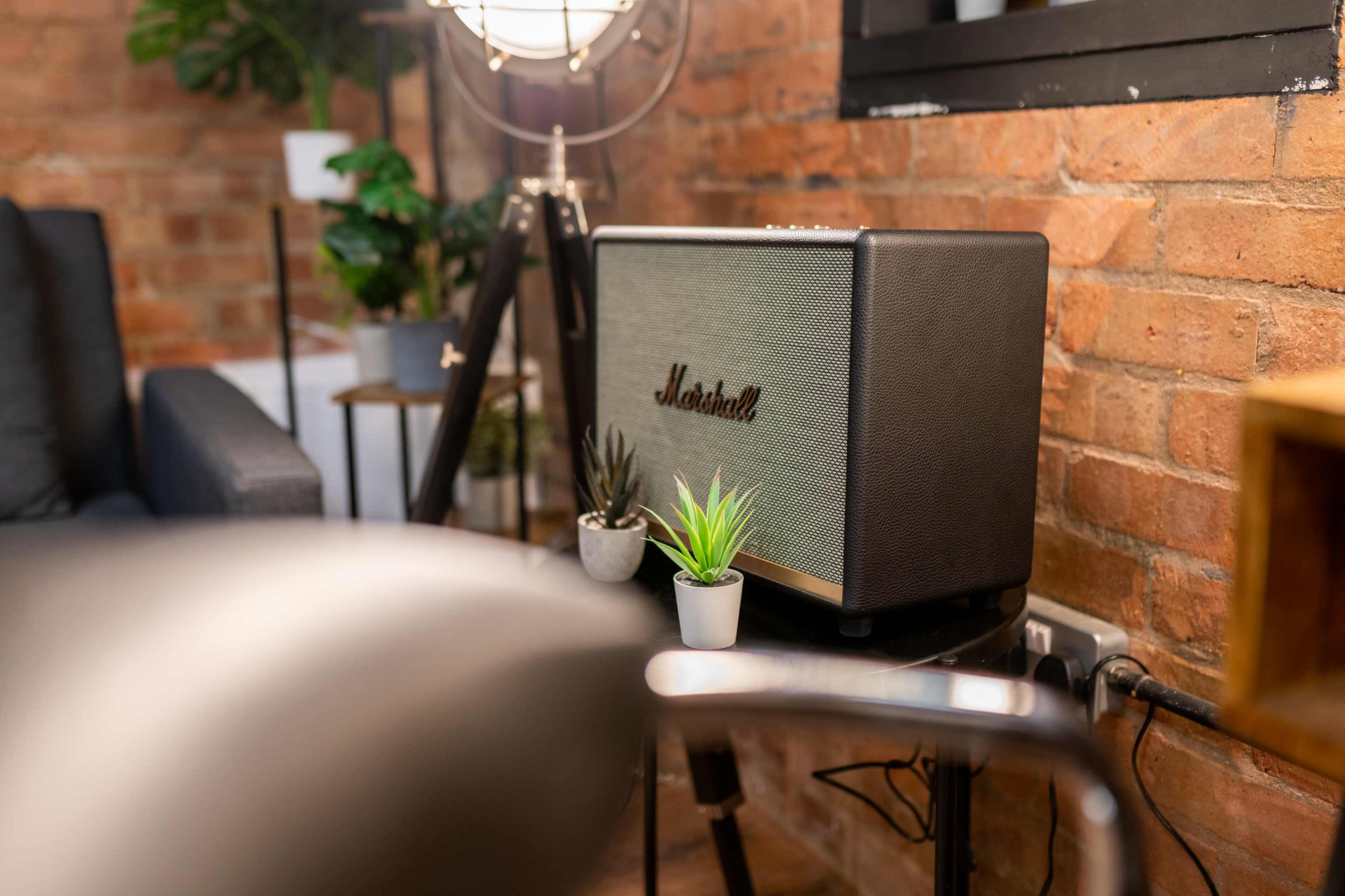 A Marshall speaker placed next to small potted plants in a room with a brick wall and modern furniture.