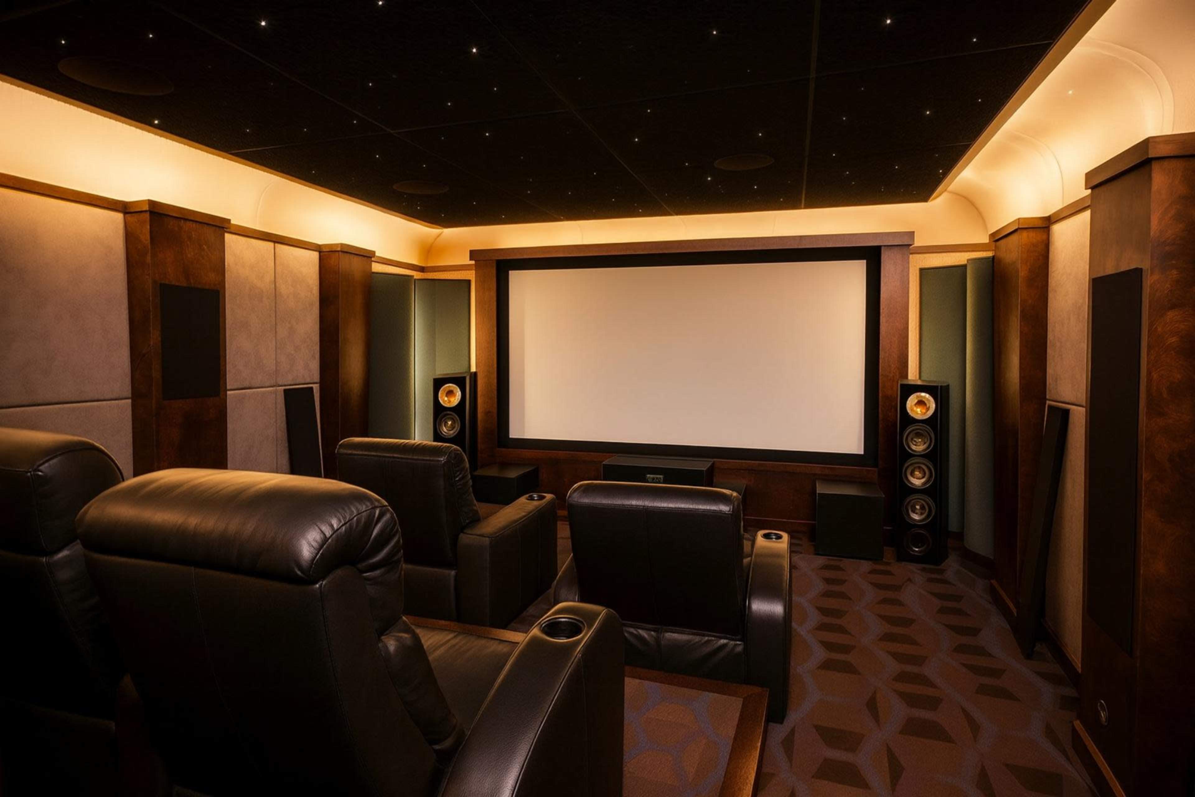 The image shows a home theater with leather reclining chairs, a large projection screen, and surround sound speakers installed in a dimly lit room.