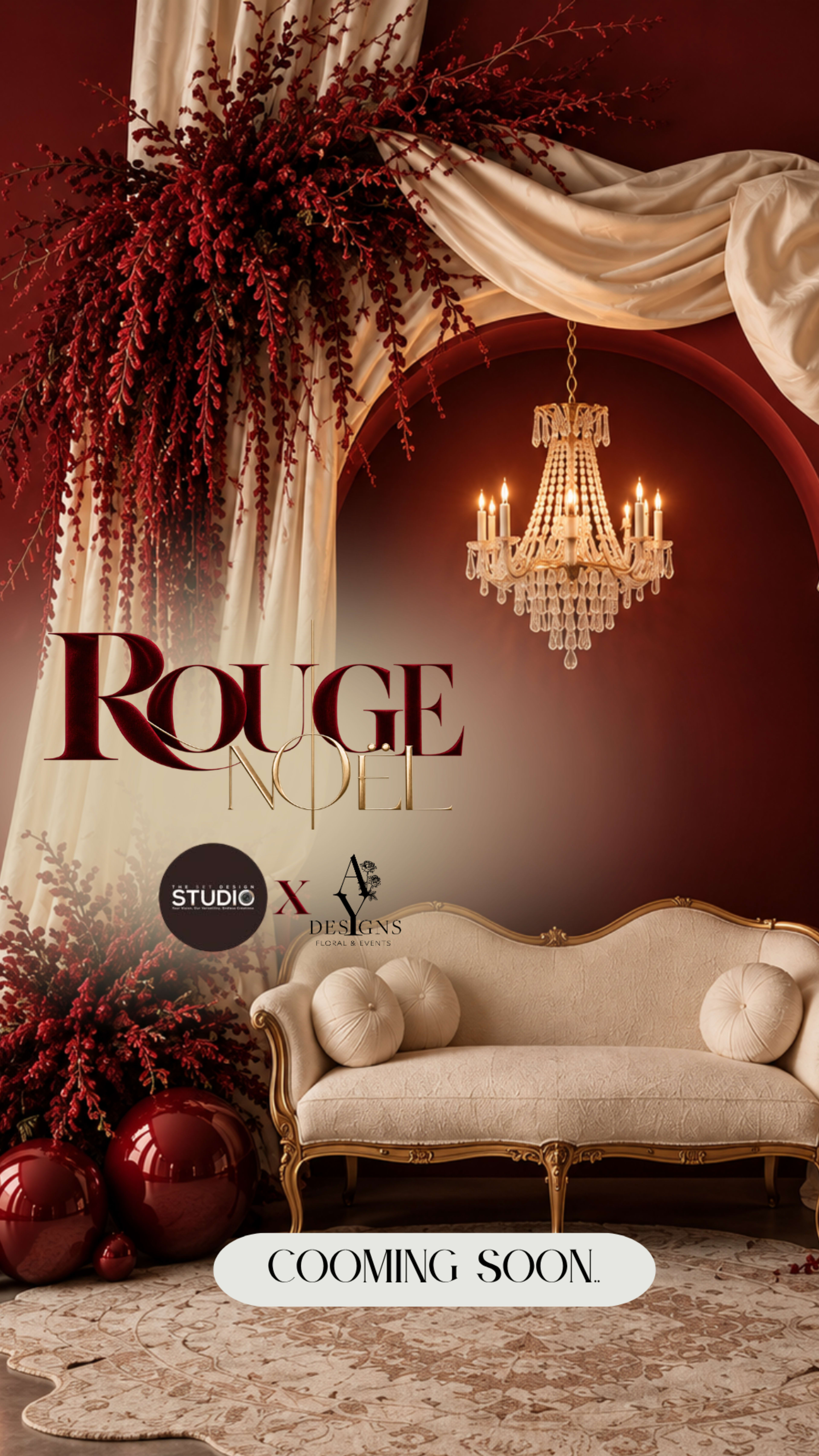 The image features an elegant interior scene with a luxurious chandelier, plush sofa, and decorative floral arrangements against a rich red backdrop.