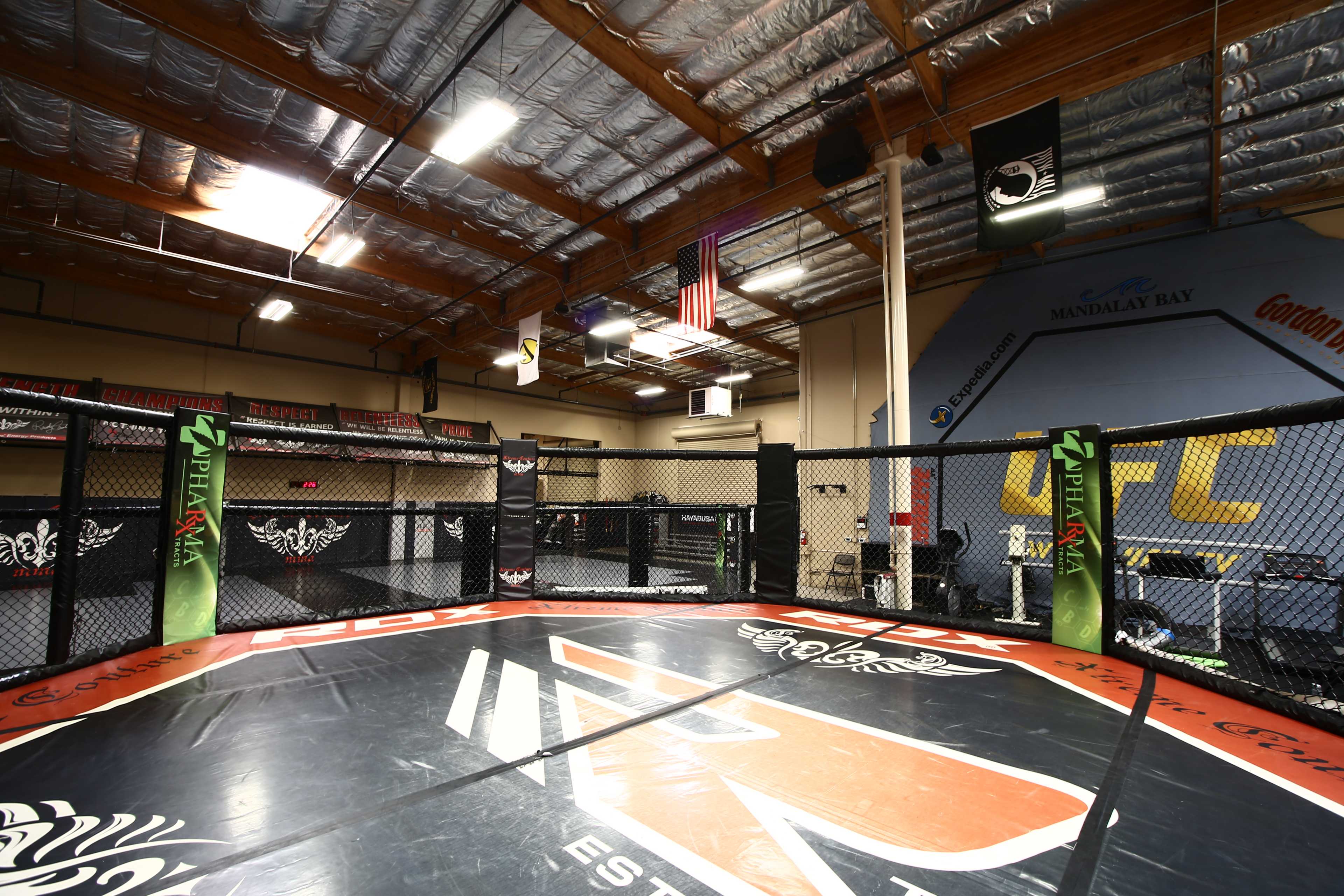 An interior of a mixed martial arts gym featuring a training cage, workout equipment, and various banners hanging from the ceiling.