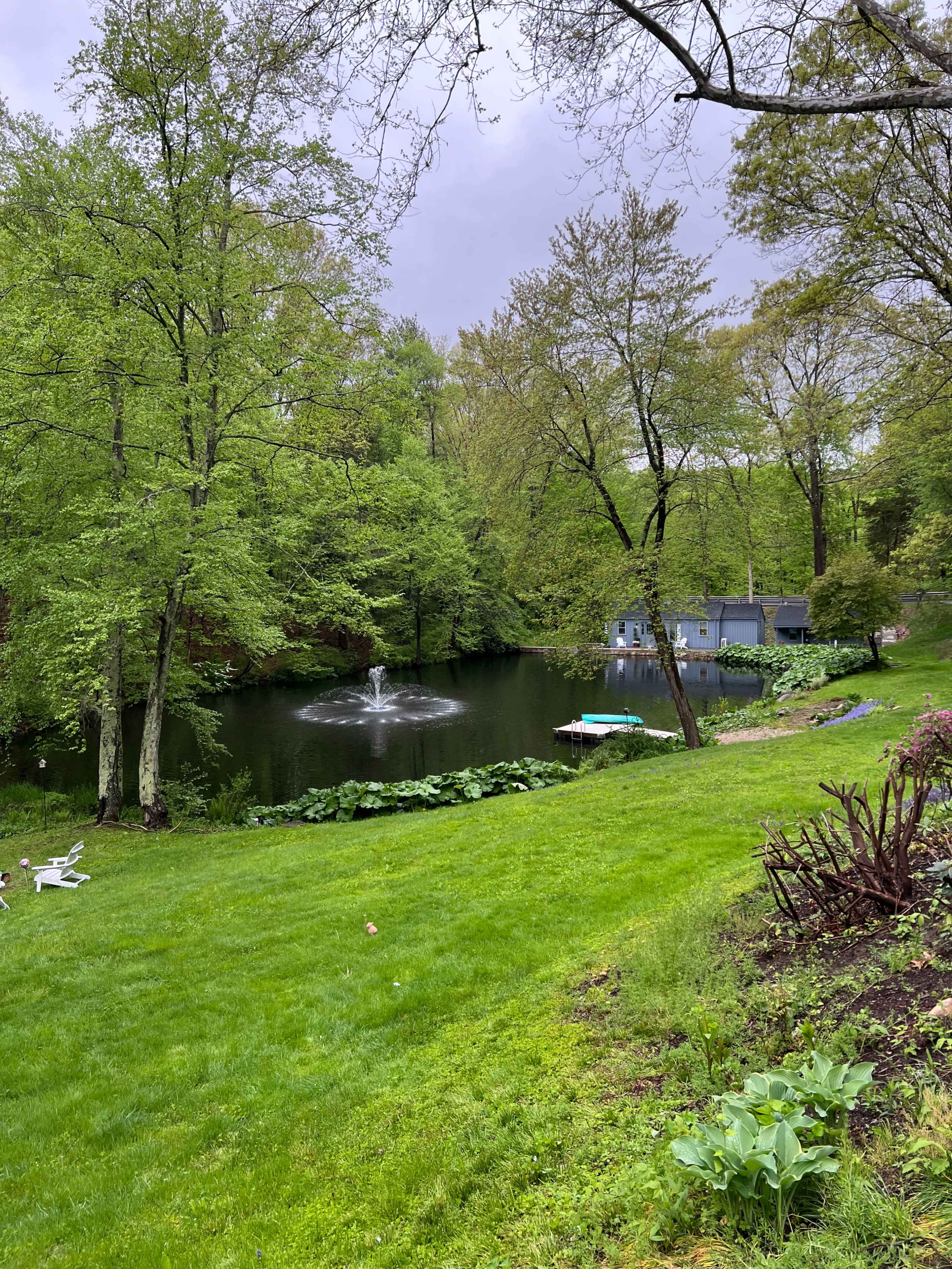 A tranquil pond surrounded by lush greenery and trees, featuring a fountain and a small blue building in the background.
