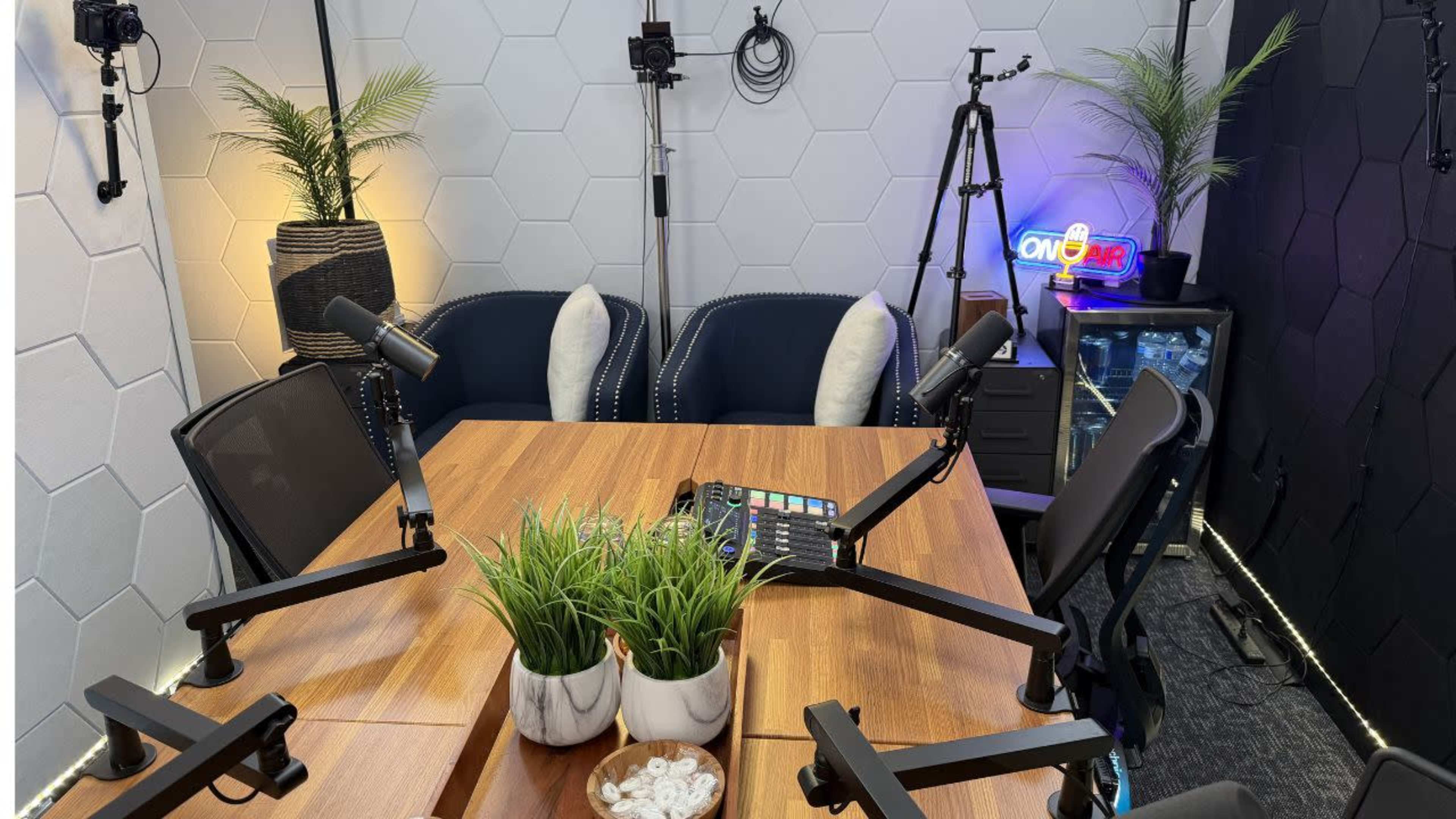 The image shows a modern studio setup with a wooden table, four microphones on adjustable arms, two chairs, and various camera equipment in a well-lit space with decorative plants.