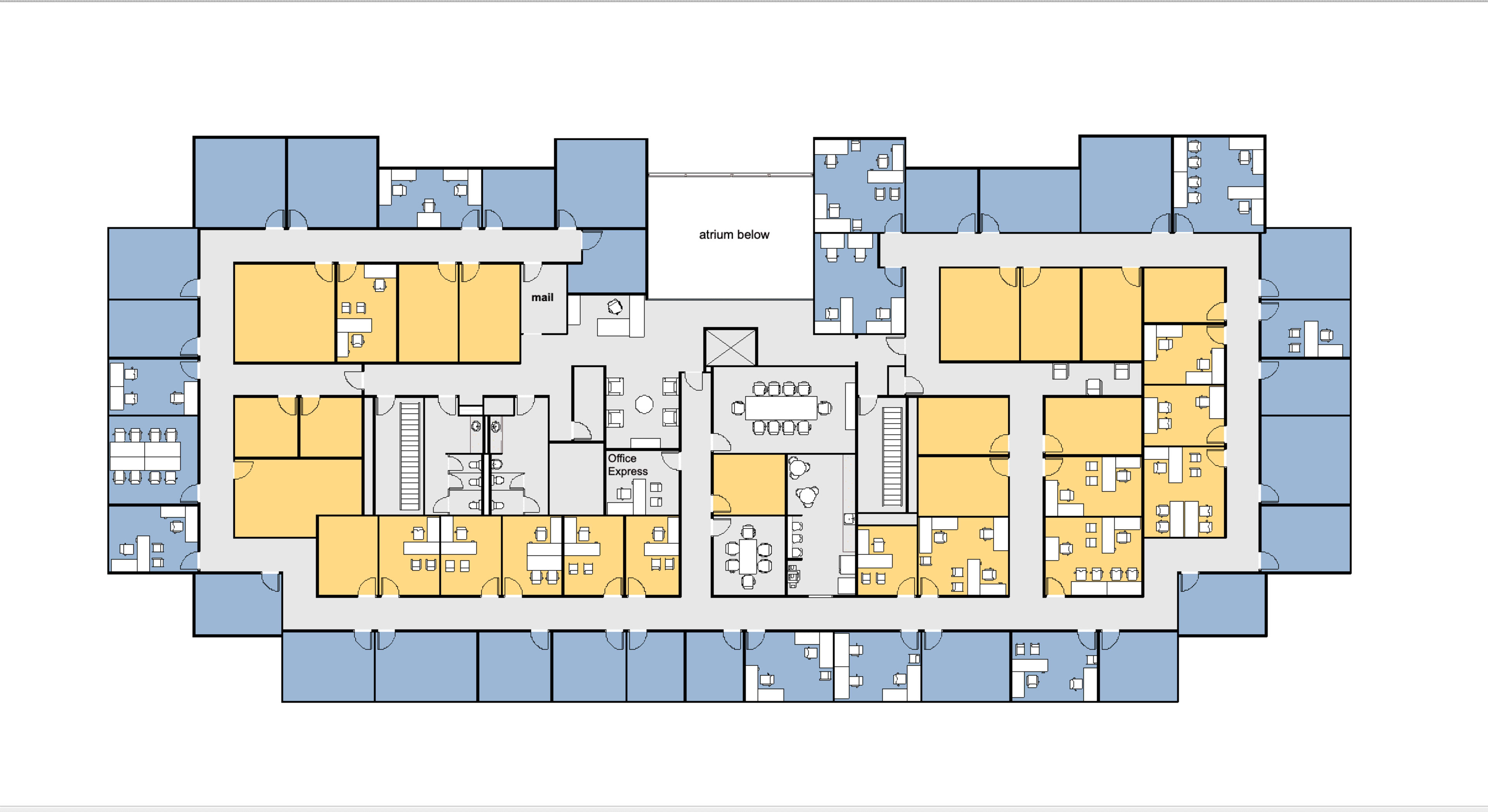 A layout of a floor plan featuring multiple rooms, divided into colored sections with designated areas for offices, meeting rooms, and communal spaces.