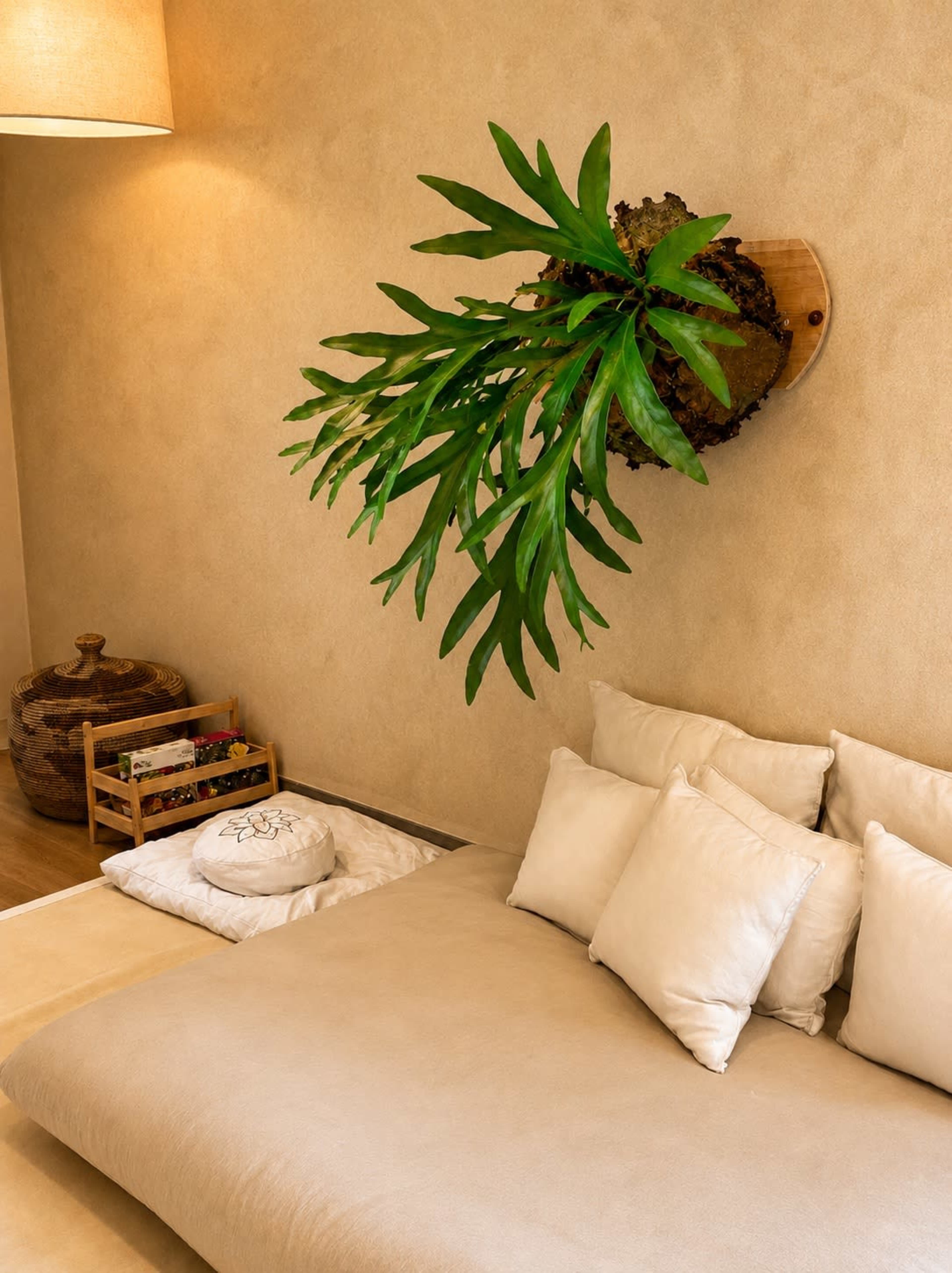 The image shows a minimalist room featuring a low bed with several white pillows, a wooden basket, and a wall-mounted planter with green plants.