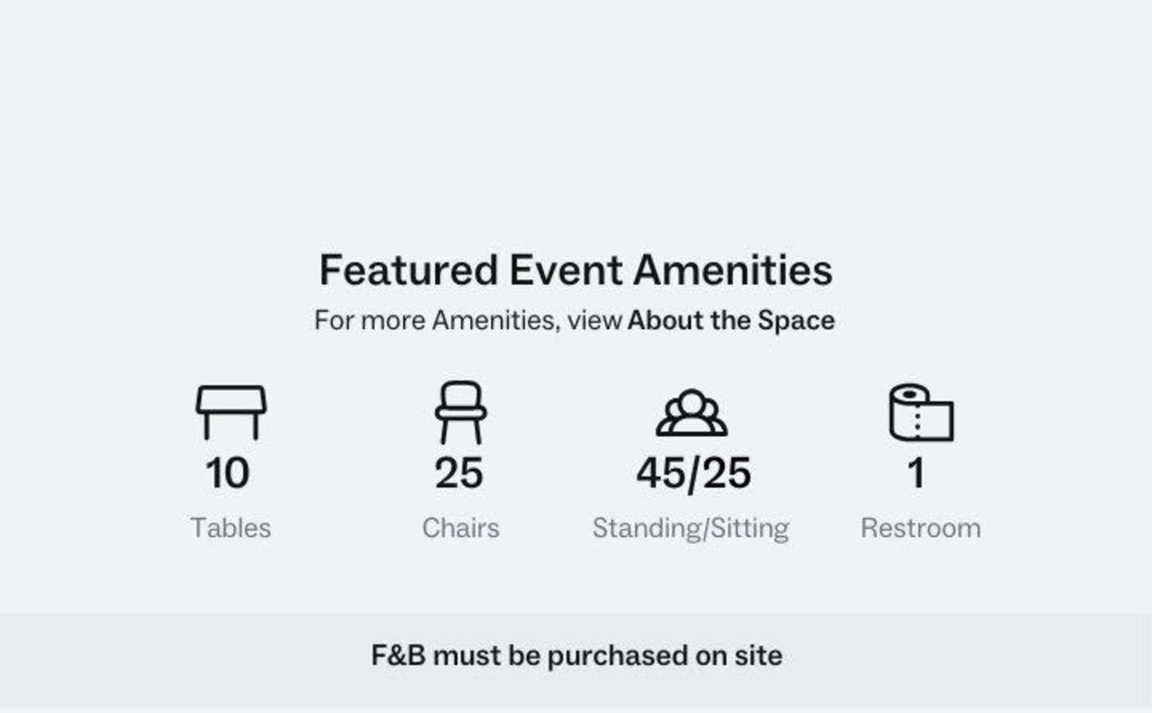 The image lists featured event amenities, including quantities of tables, chairs, standing/sitting capacity, and restrooms.