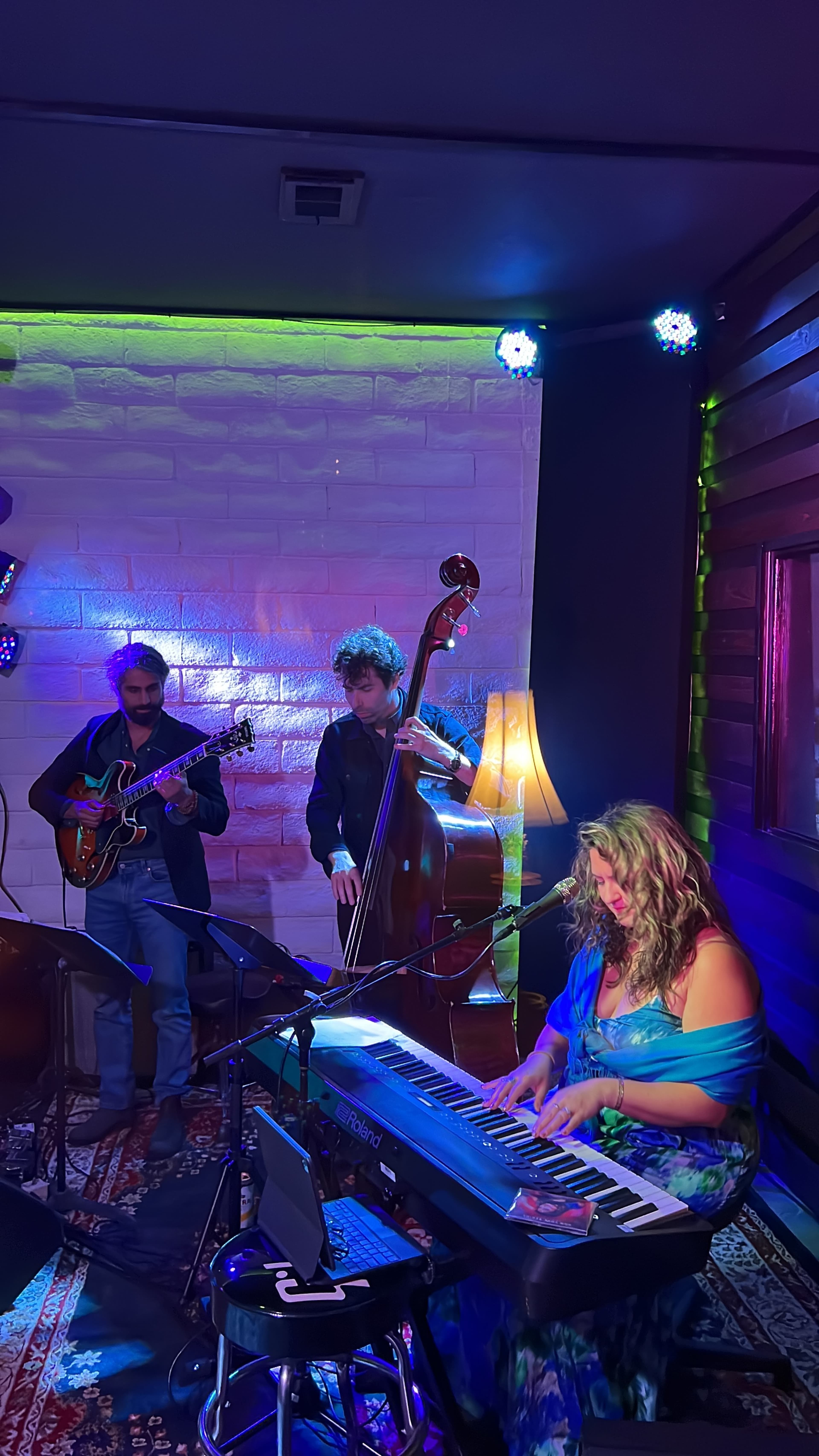 A woman plays keyboard and sings while two men play guitar and double bass in a brightly lit music venue.
