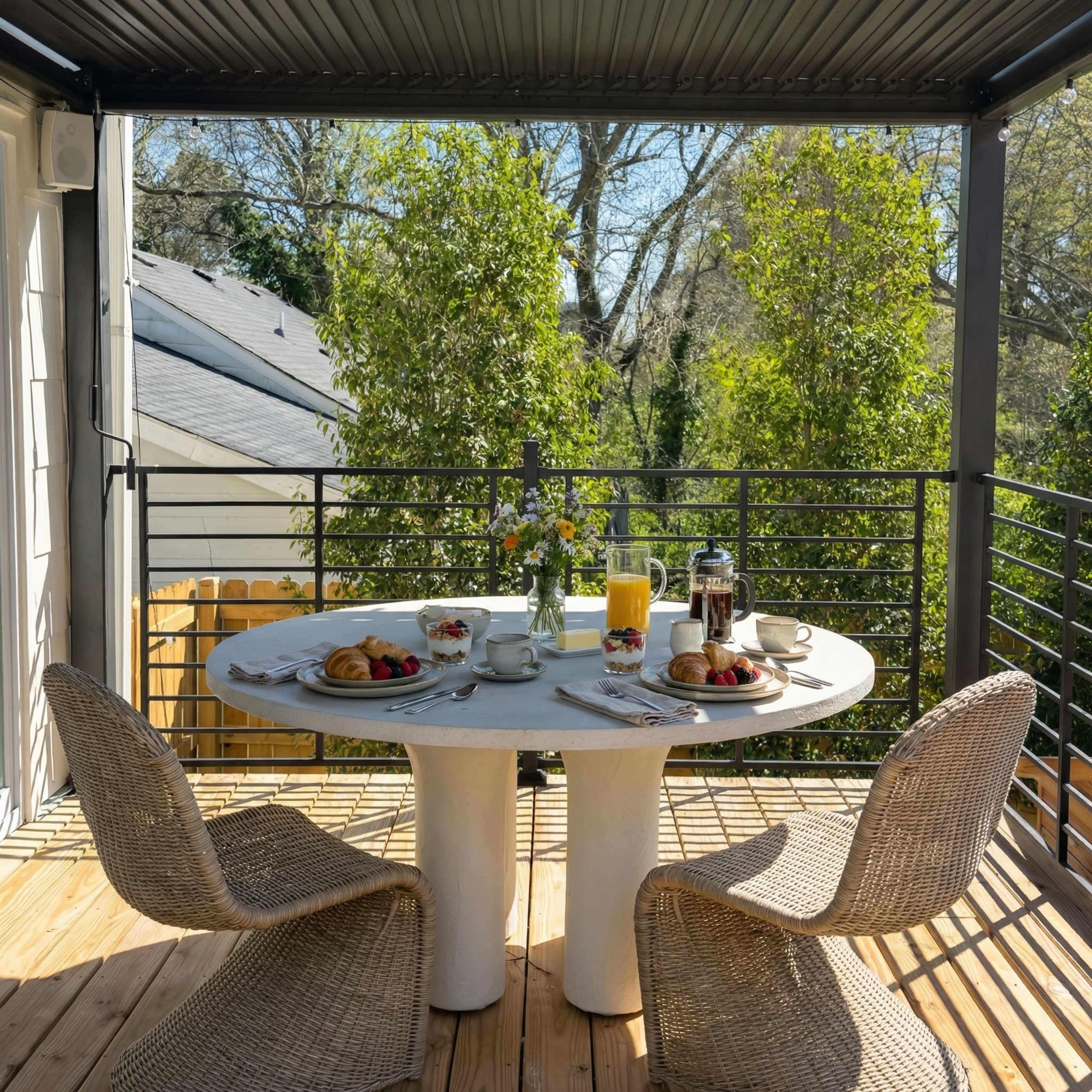A round table set for breakfast with a coffee pot, juice, fruit, and flowers is positioned on a balcony surrounded by greenery.