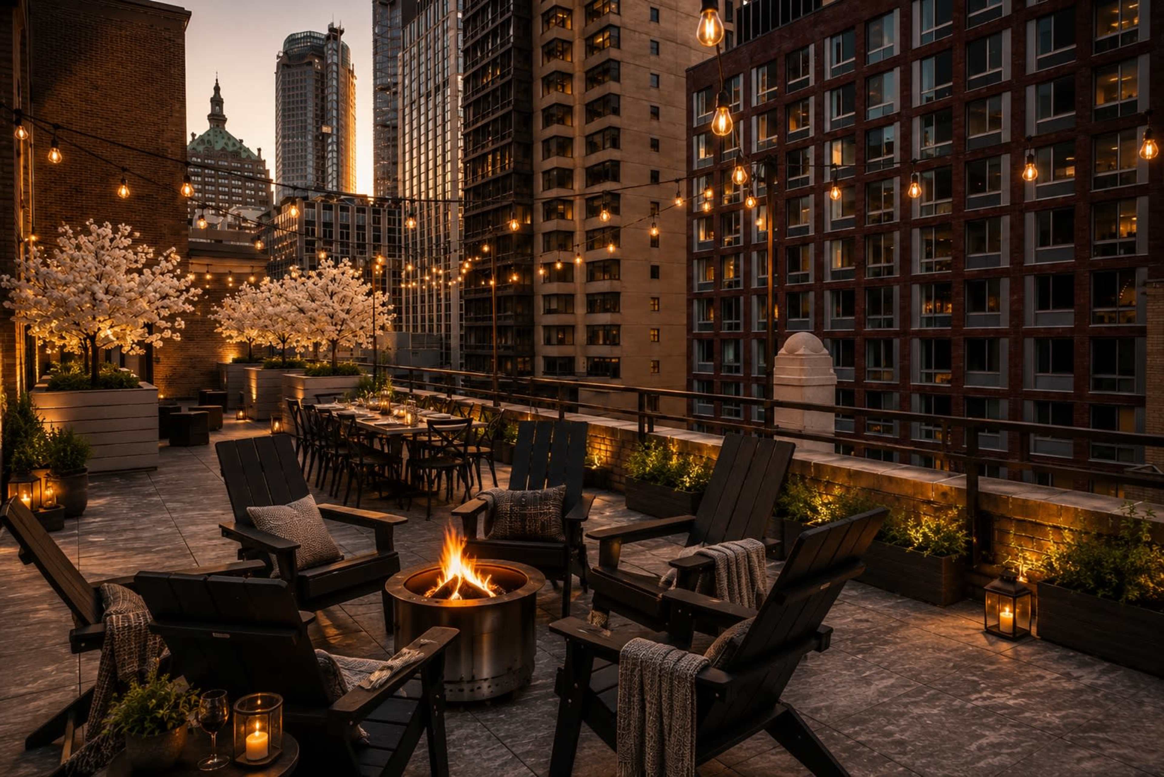 The image shows a rooftop patio featuring a fire pit surrounded by chairs, string lights overhead, and floral decorations amid tall buildings at sunset.