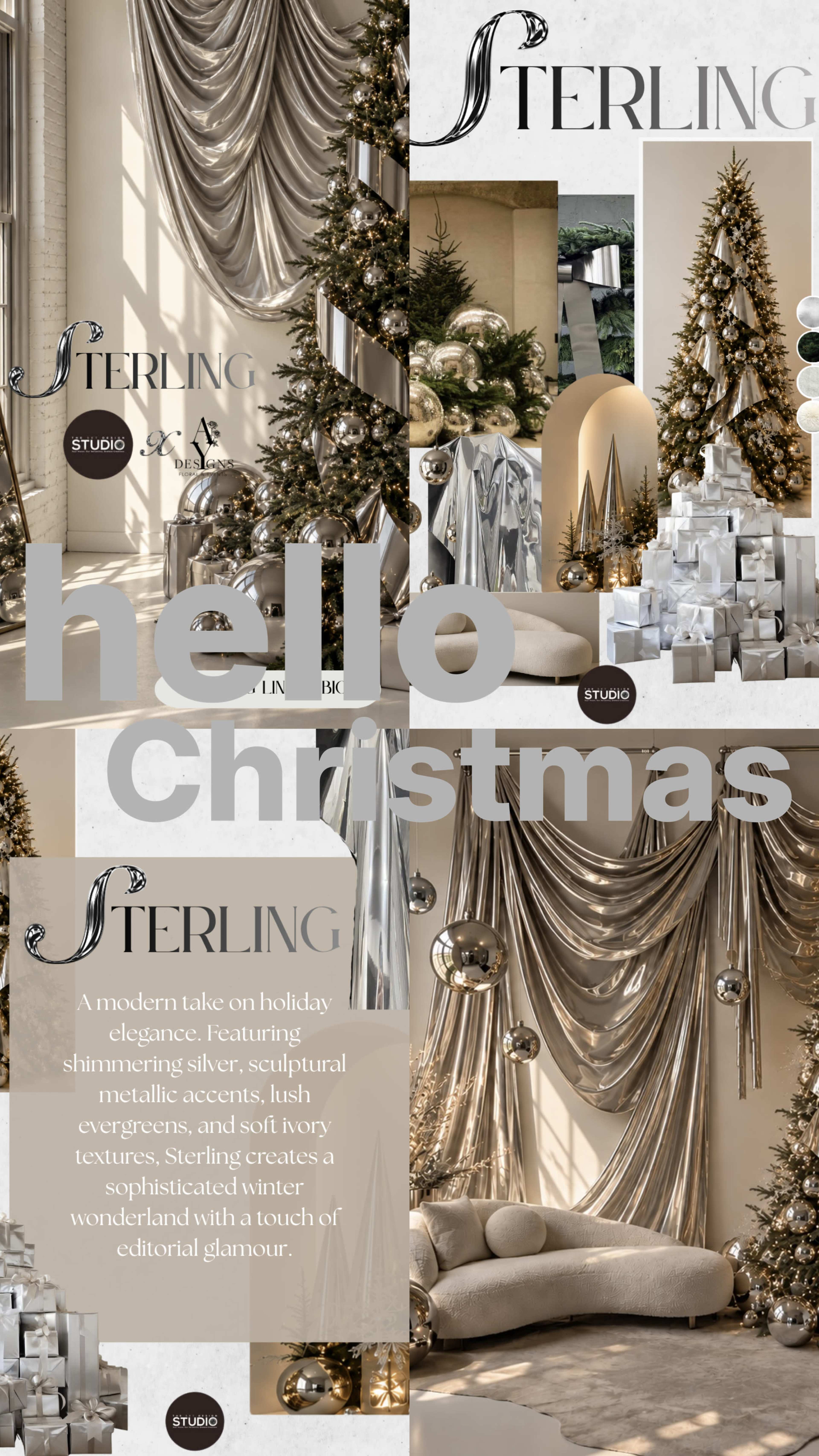 The image showcases a festive holiday-themed display with elegantly decorated Christmas trees, metallic accents, and luxurious textiles, creating a sophisticated winter wonderland atmosphere.