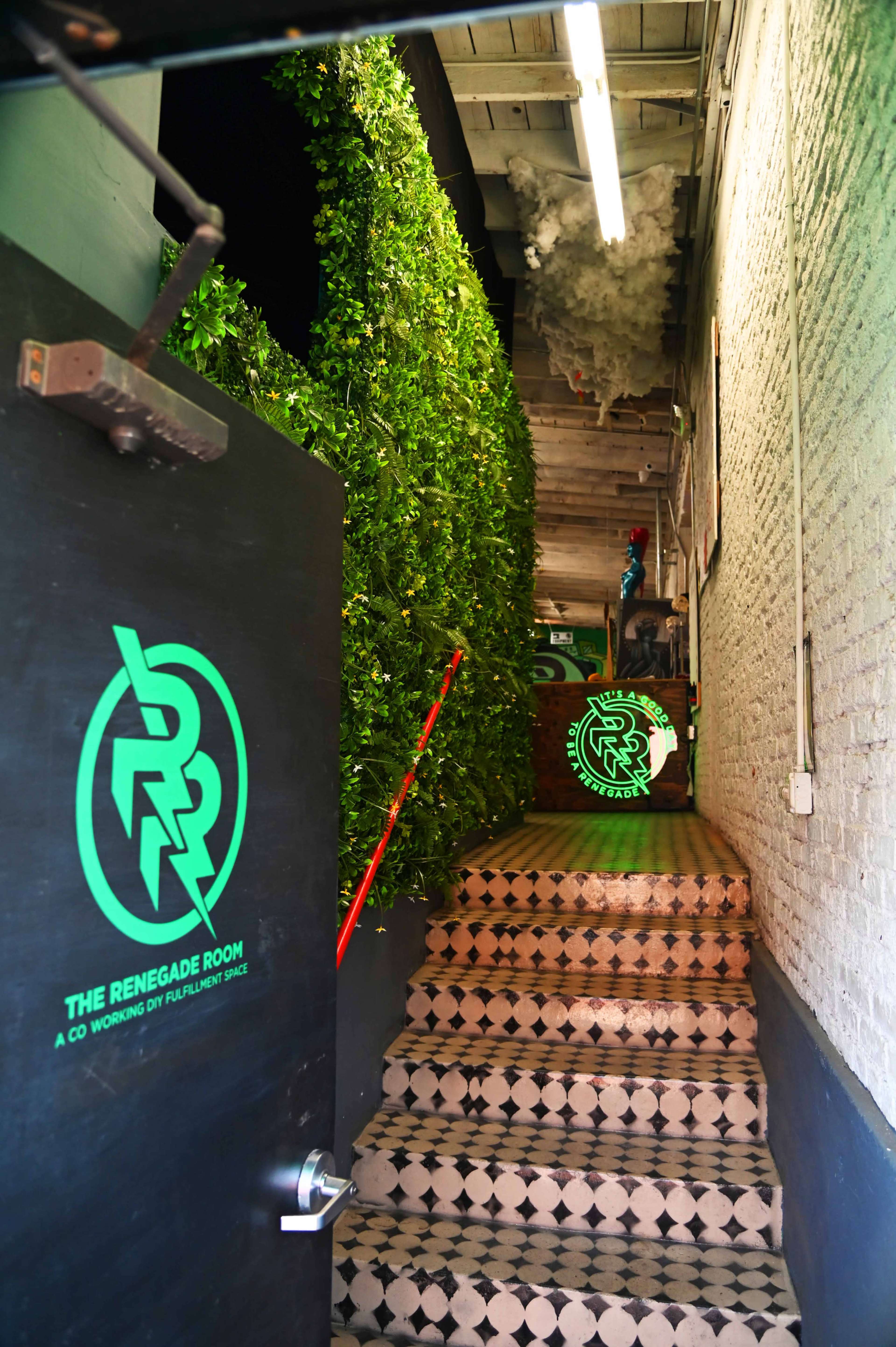 The image shows a stairwell leading to a door labeled "The Renegade Room," with green foliage along the walls and patterned tile flooring.