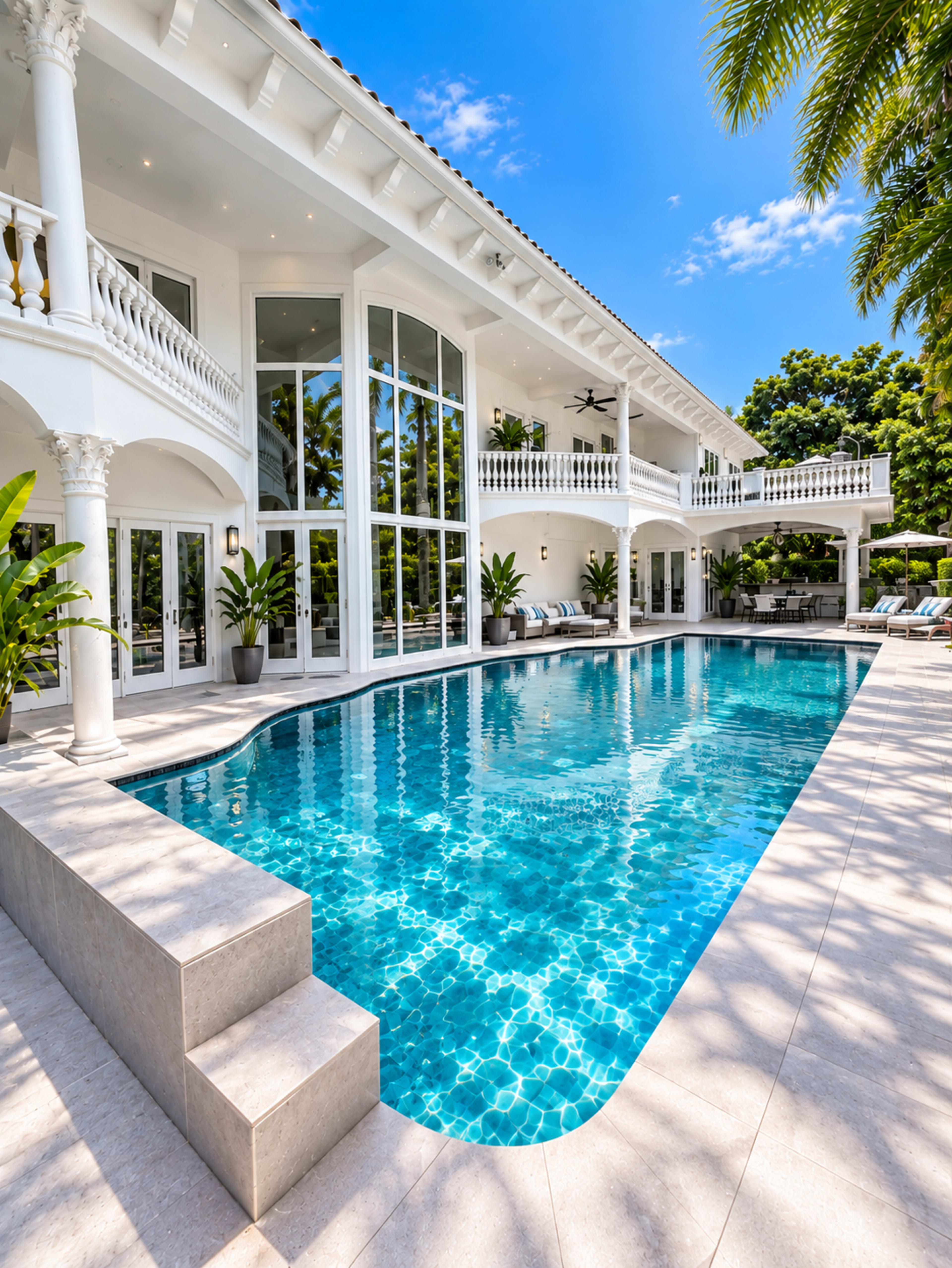 A modern villa with large glass windows surrounds a sparkling blue pool, set amidst lush greenery and palm trees.