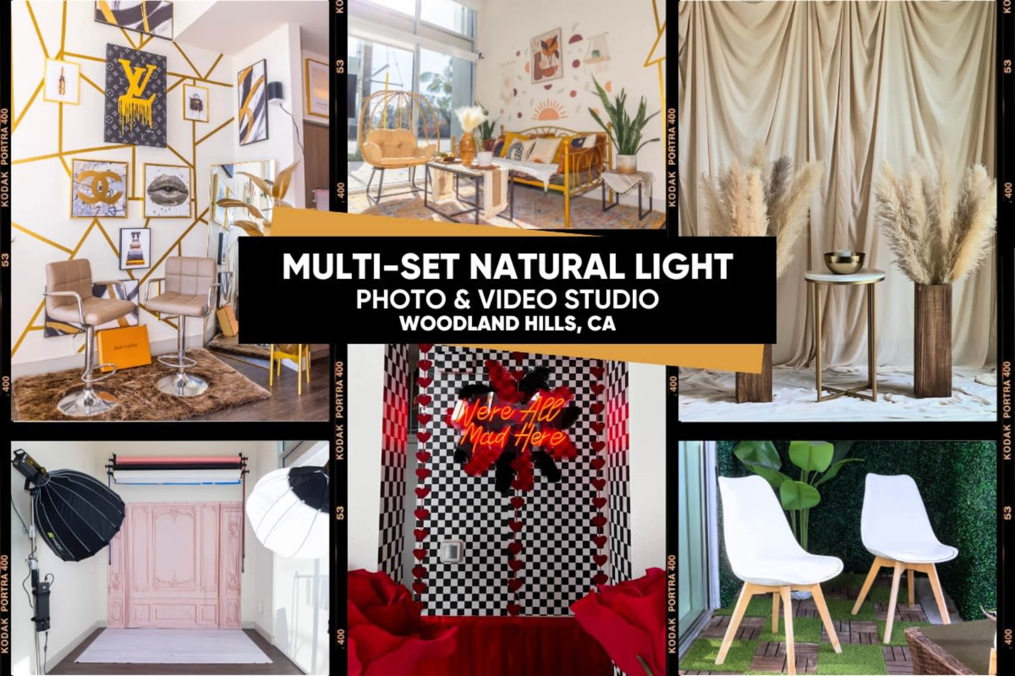 A collage of various photo and video studio settings in Woodland Hills, CA, featuring different backdrops and furniture arrangements.