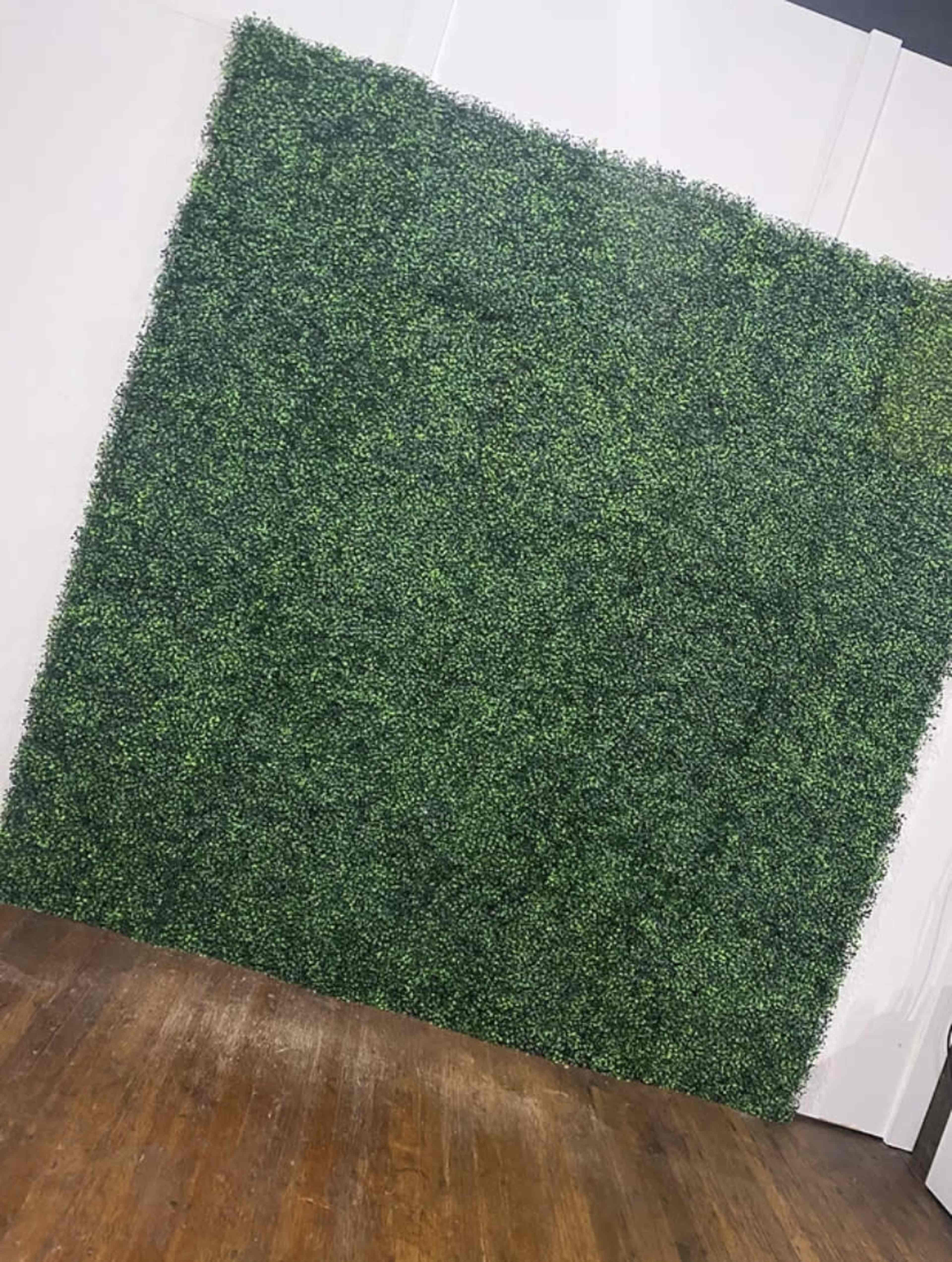 The image shows a green artificial hedge wall set against a white backdrop in a room with wooden flooring.