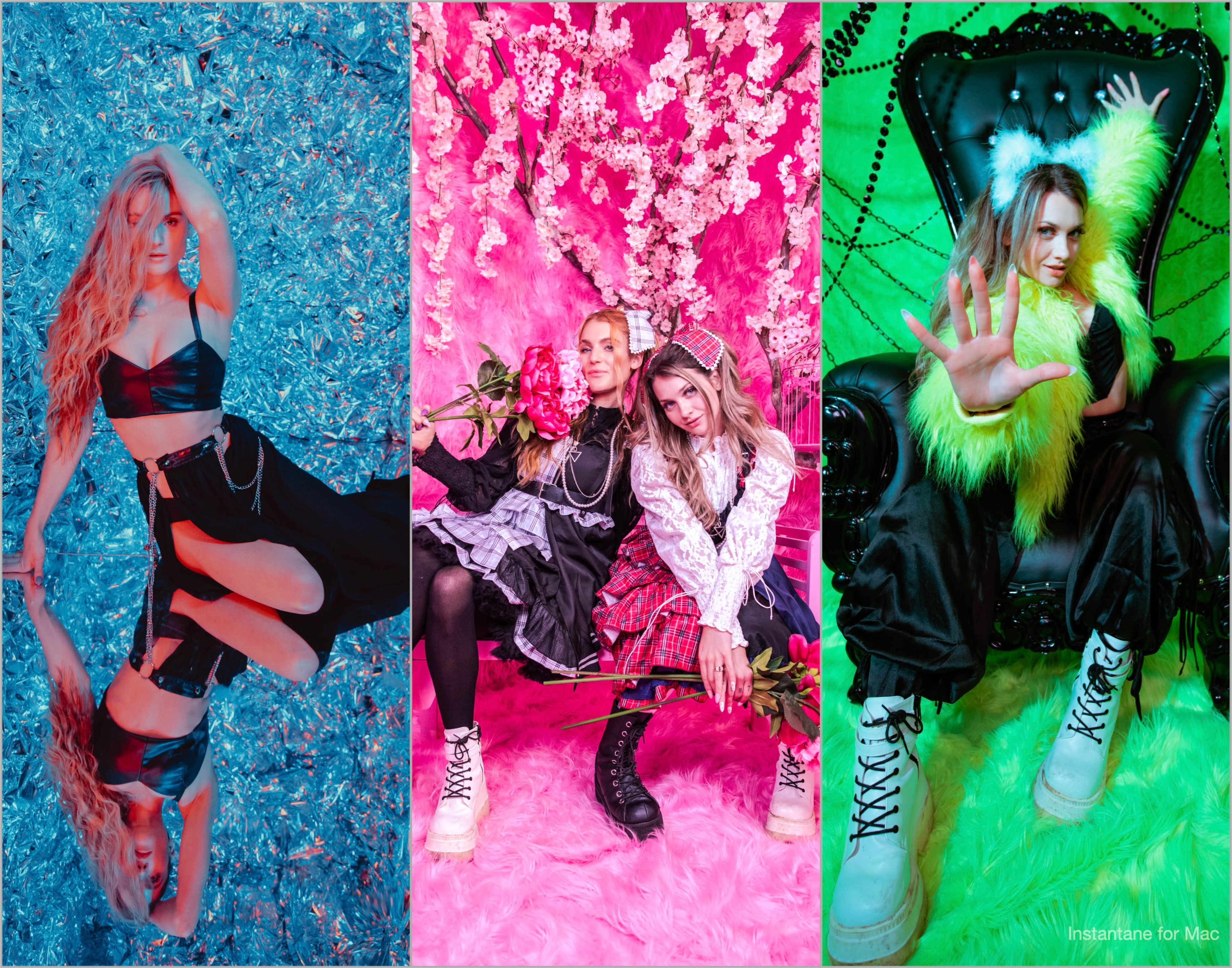 Three women pose against vibrant backgrounds: one lies on a blue surface, another sits with pink flowers, and the third raises her hand while seated on a black chair with green fur.