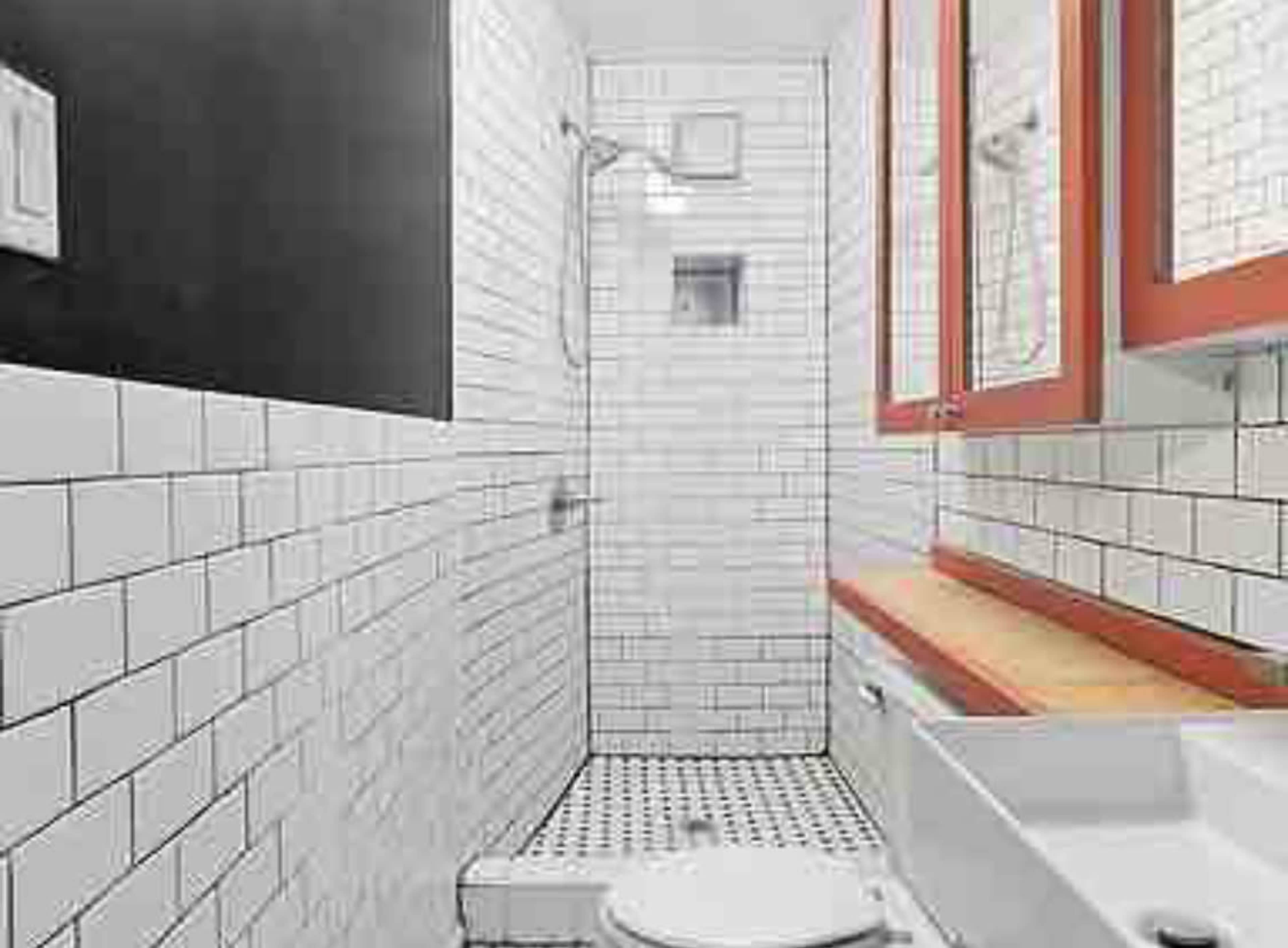 A modern bathroom featuring a tiled shower area, a wall-mounted sink, and two mirrored cabinets above a wooden countertop.