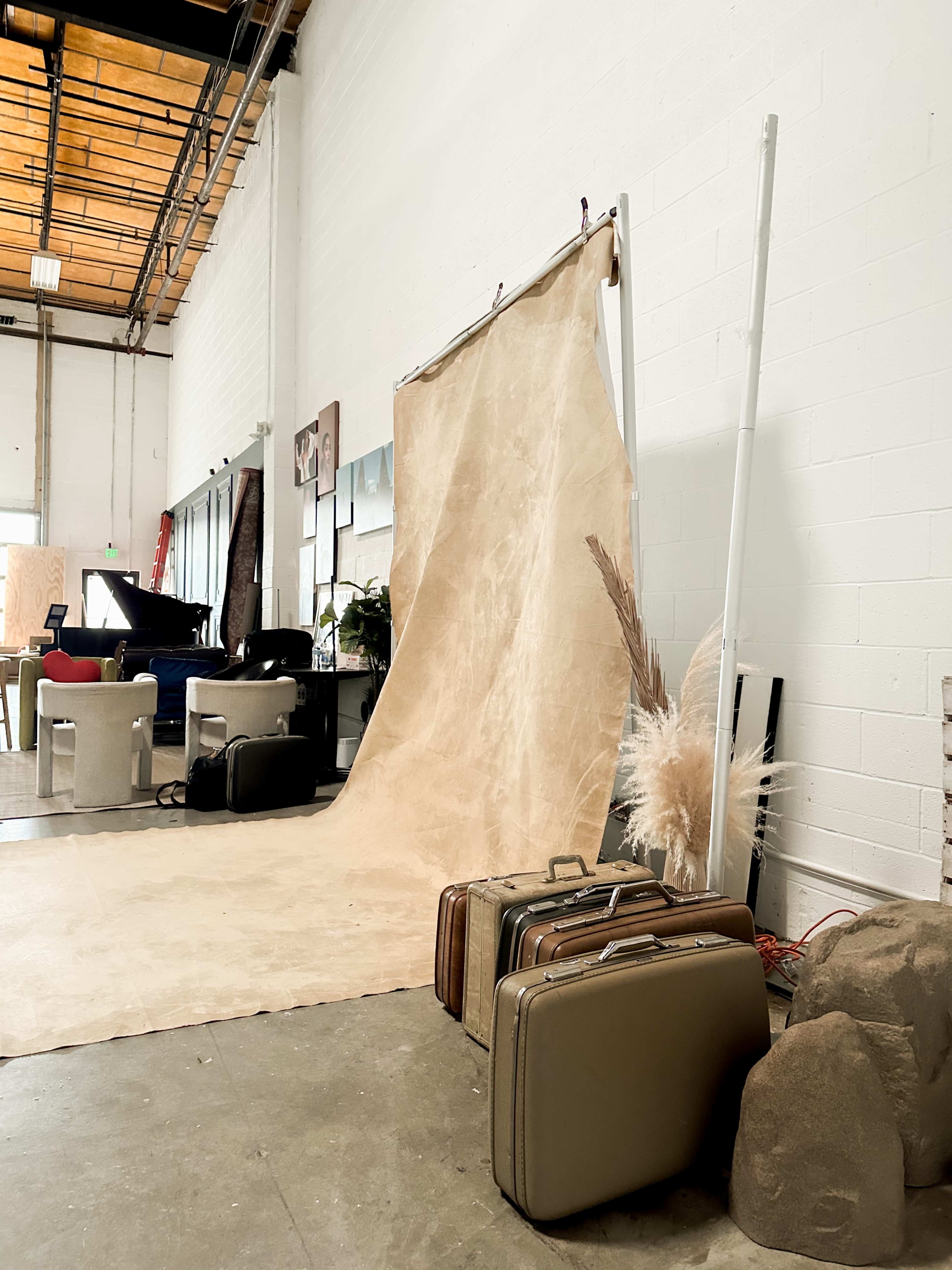 The image shows a studio space with a beige backdrop, several vintage suitcases, and a few decorative plants.