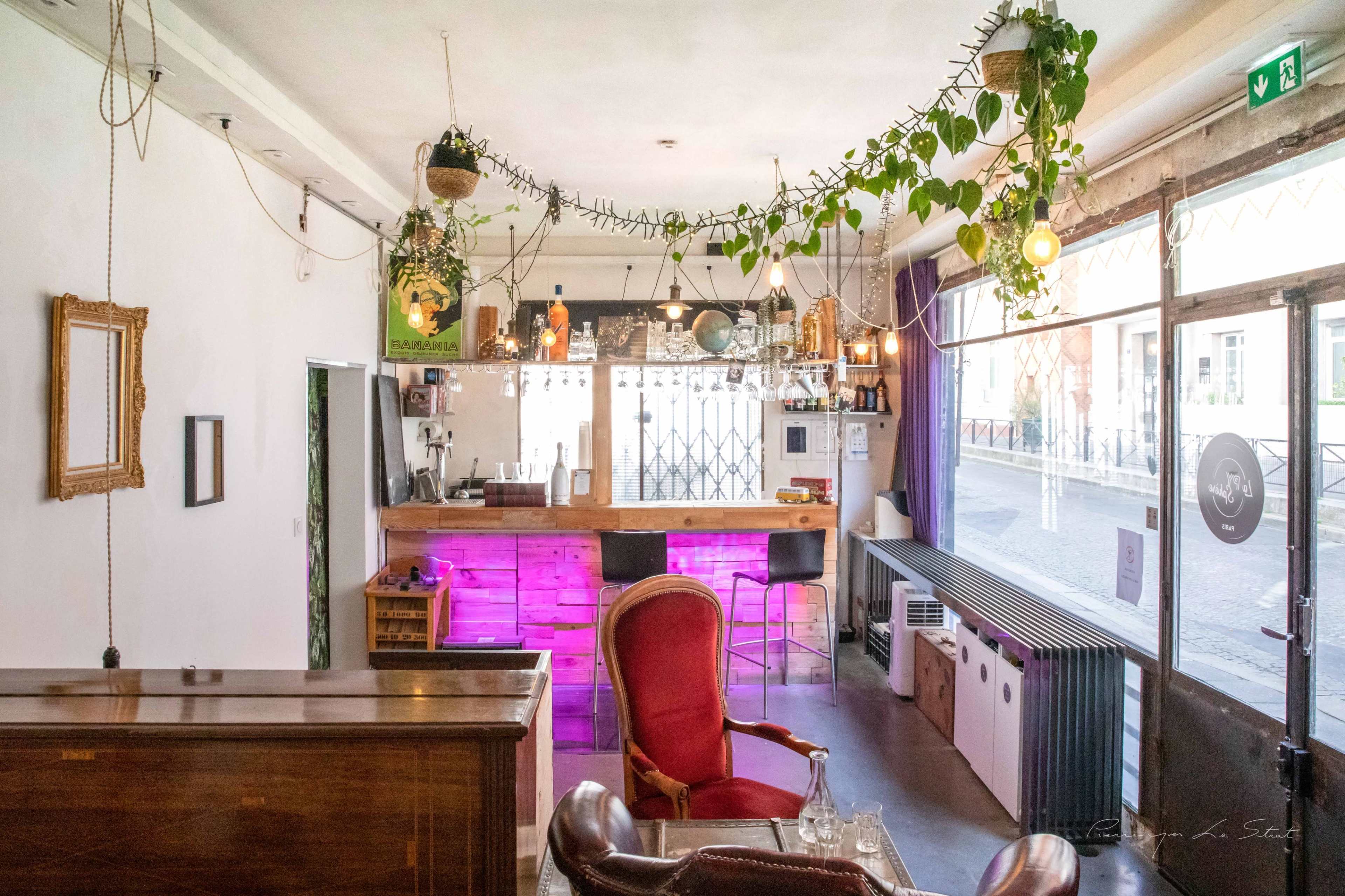 The image shows a cozy café interior with a wooden bar, colorful lighting, and decorative plants hanging from the ceiling.