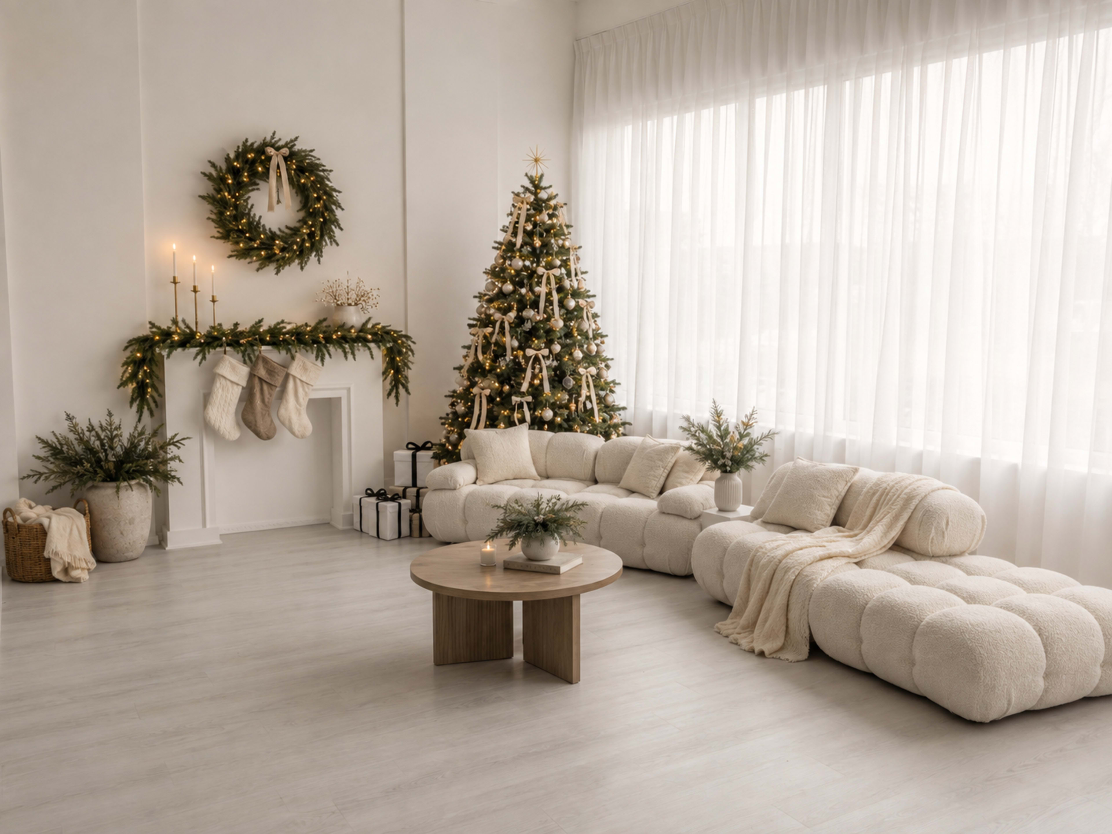 The scene features a cozy living room adorned with a decorated Christmas tree, a circular wooden coffee table, and light-colored furnishings, all complemented by elegant decorations and soft lighting from large windows.