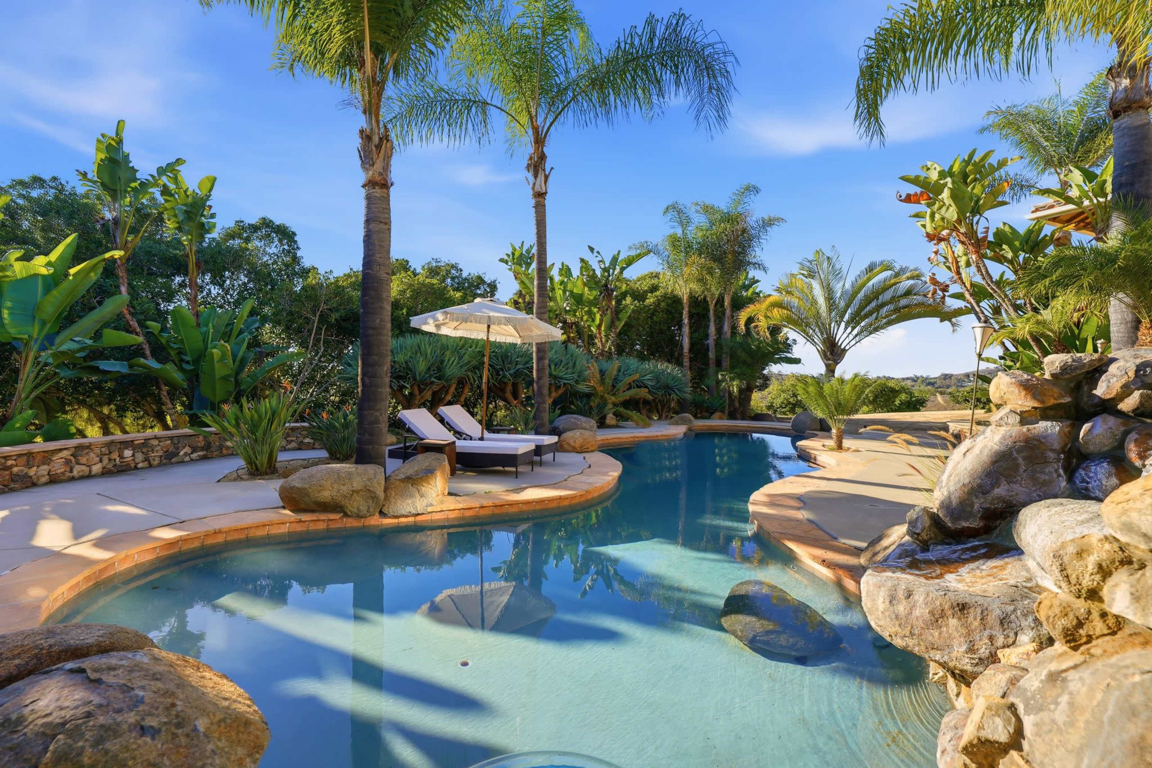 The image depicts a serene outdoor swimming pool surrounded by tropical plants and palm trees, with lounge chairs and an umbrella nearby.