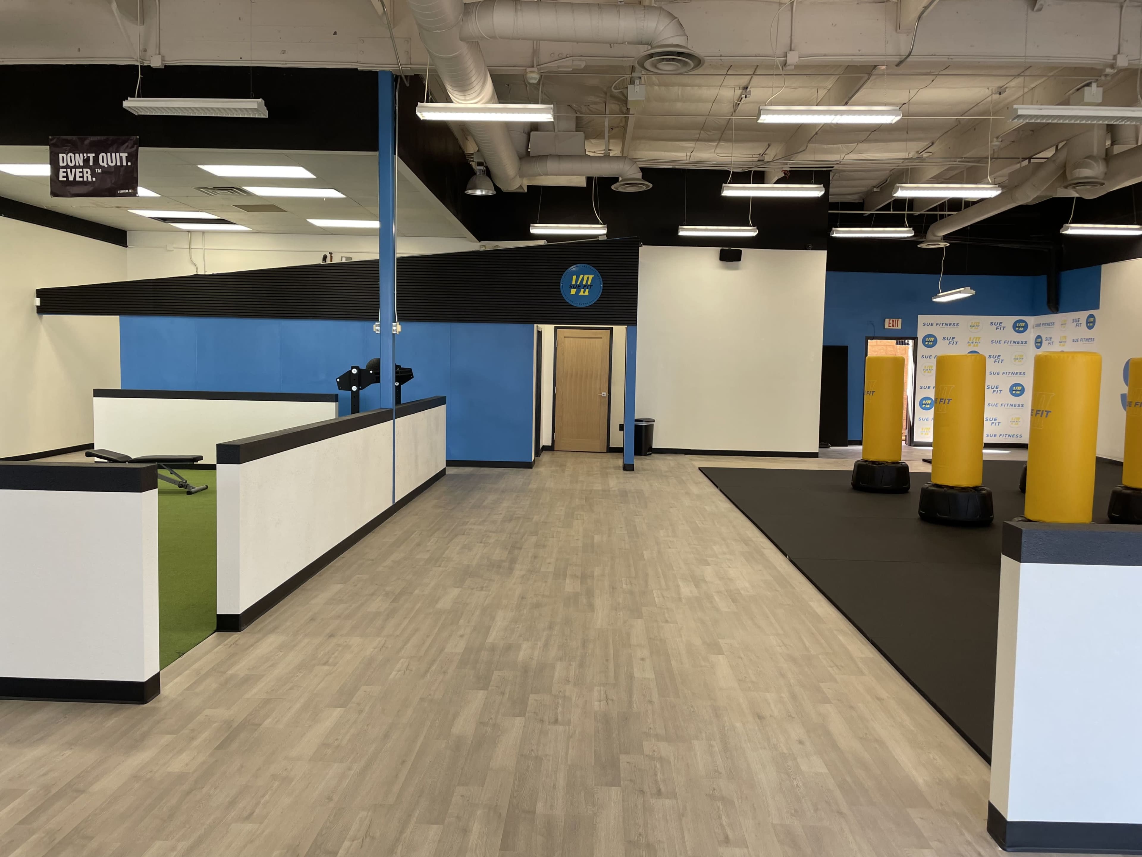 The image shows a modern gym interior featuring workout areas with green turf, black mats, and various fitness equipment in a spacious layout.