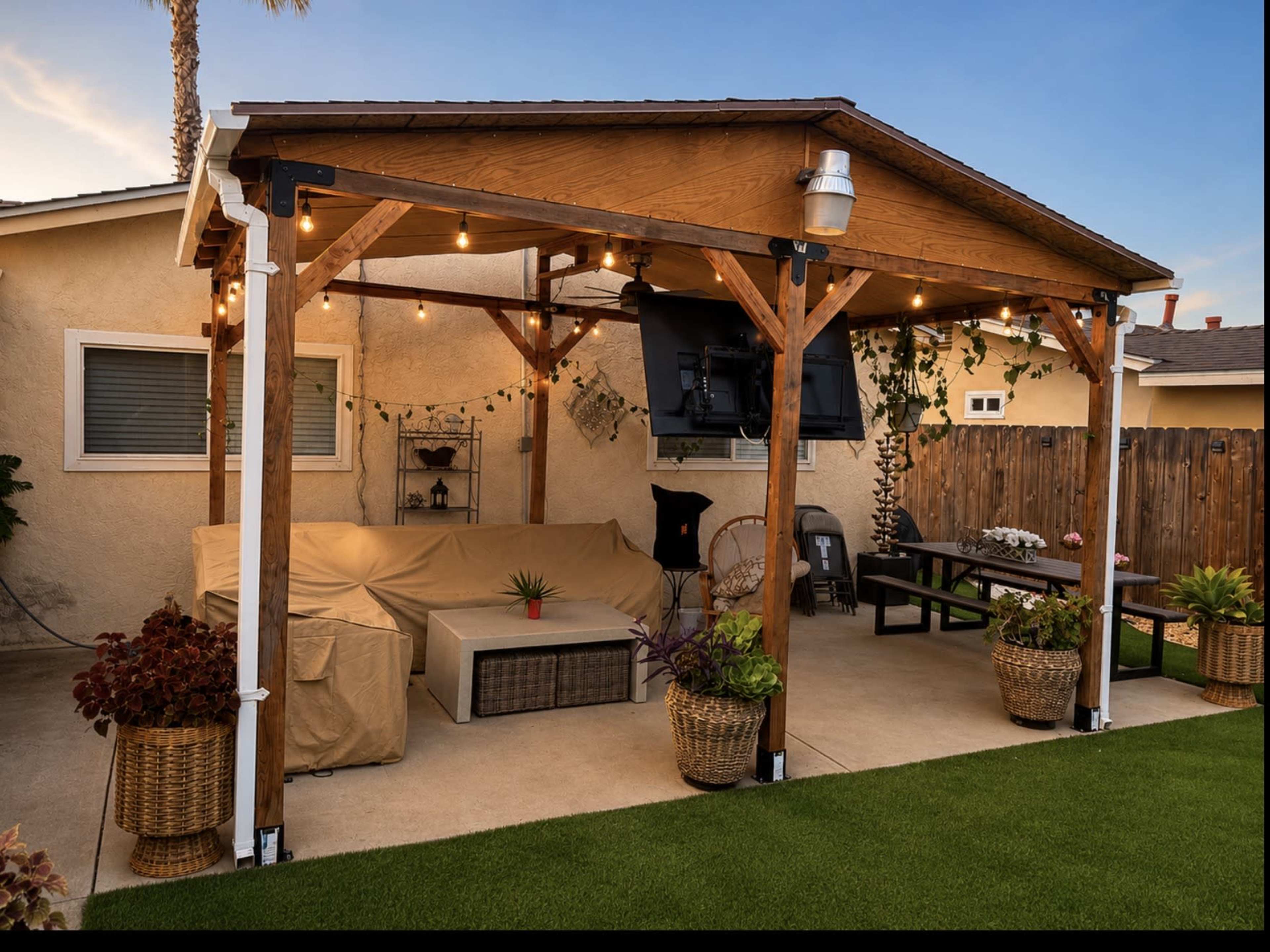 The image shows a covered outdoor patio area featuring a sofa, coffee table, and a mounted television, surrounded by decorative plants and lights.