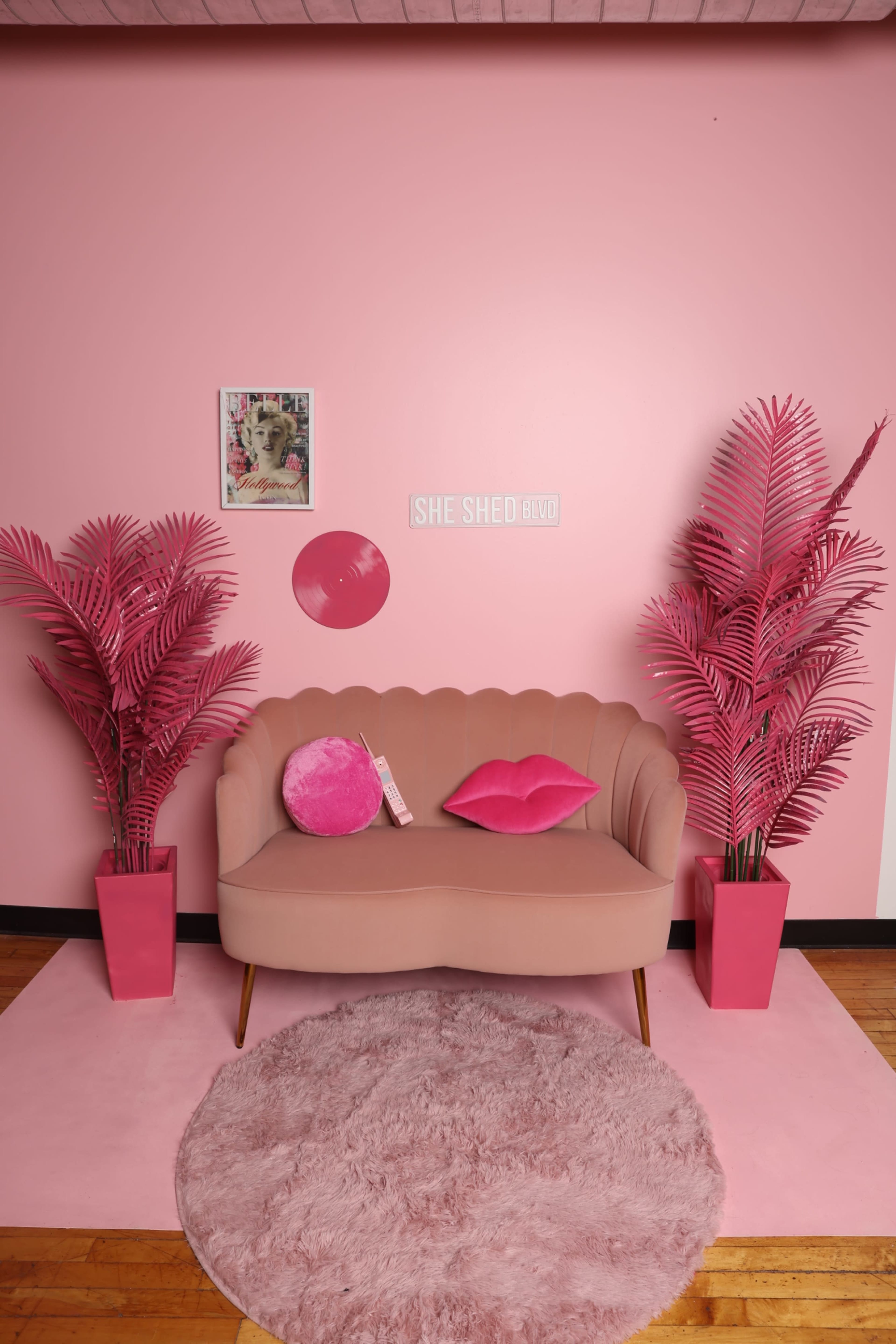 The image features a pink-themed room with a vintage-style couch, pink decorative pillows, and vibrant potted plants against a matching pink wall.