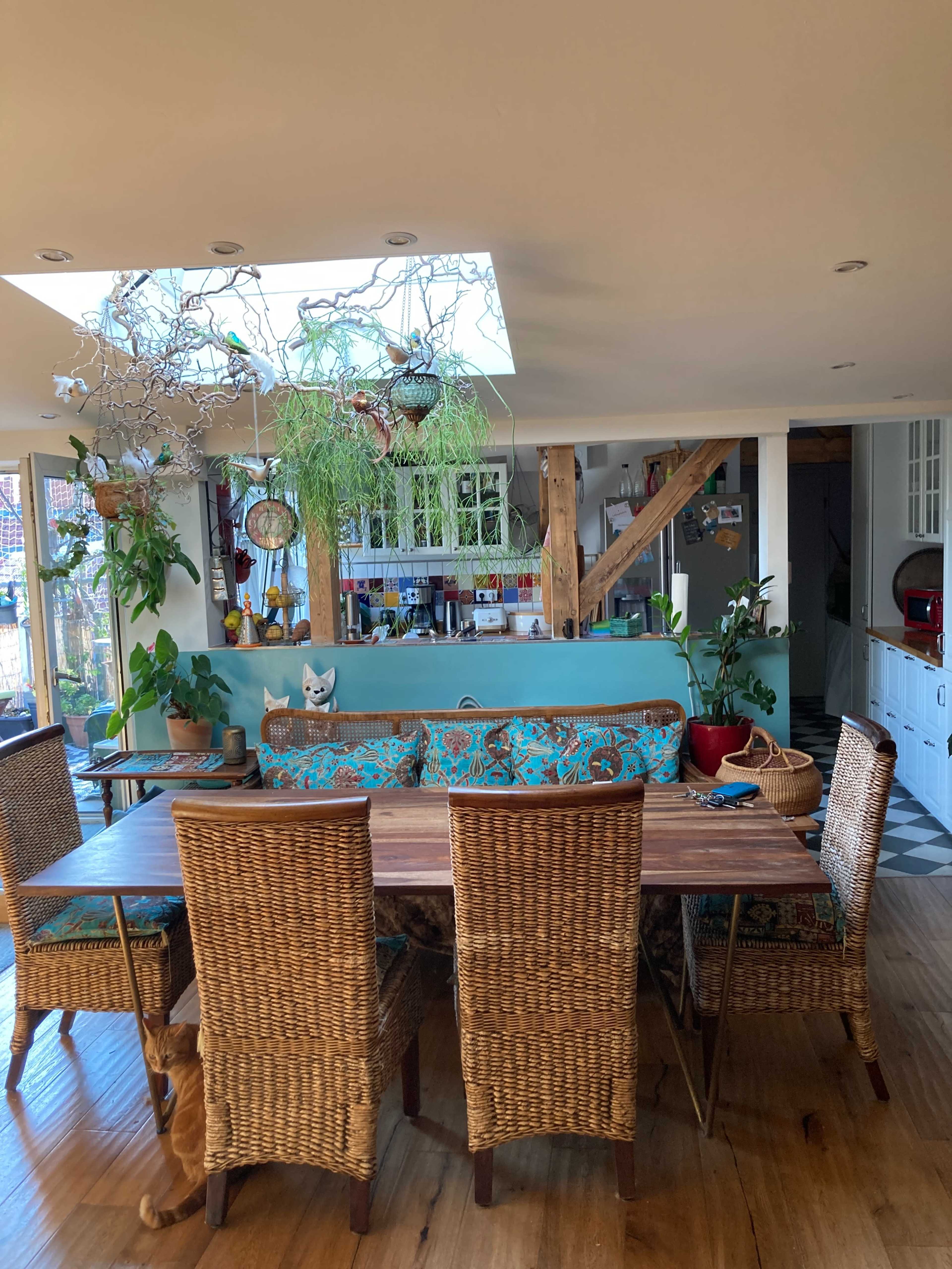 A dining area features a wooden table surrounded by wicker chairs, with a turquoise couch and plants against a bright, open space.