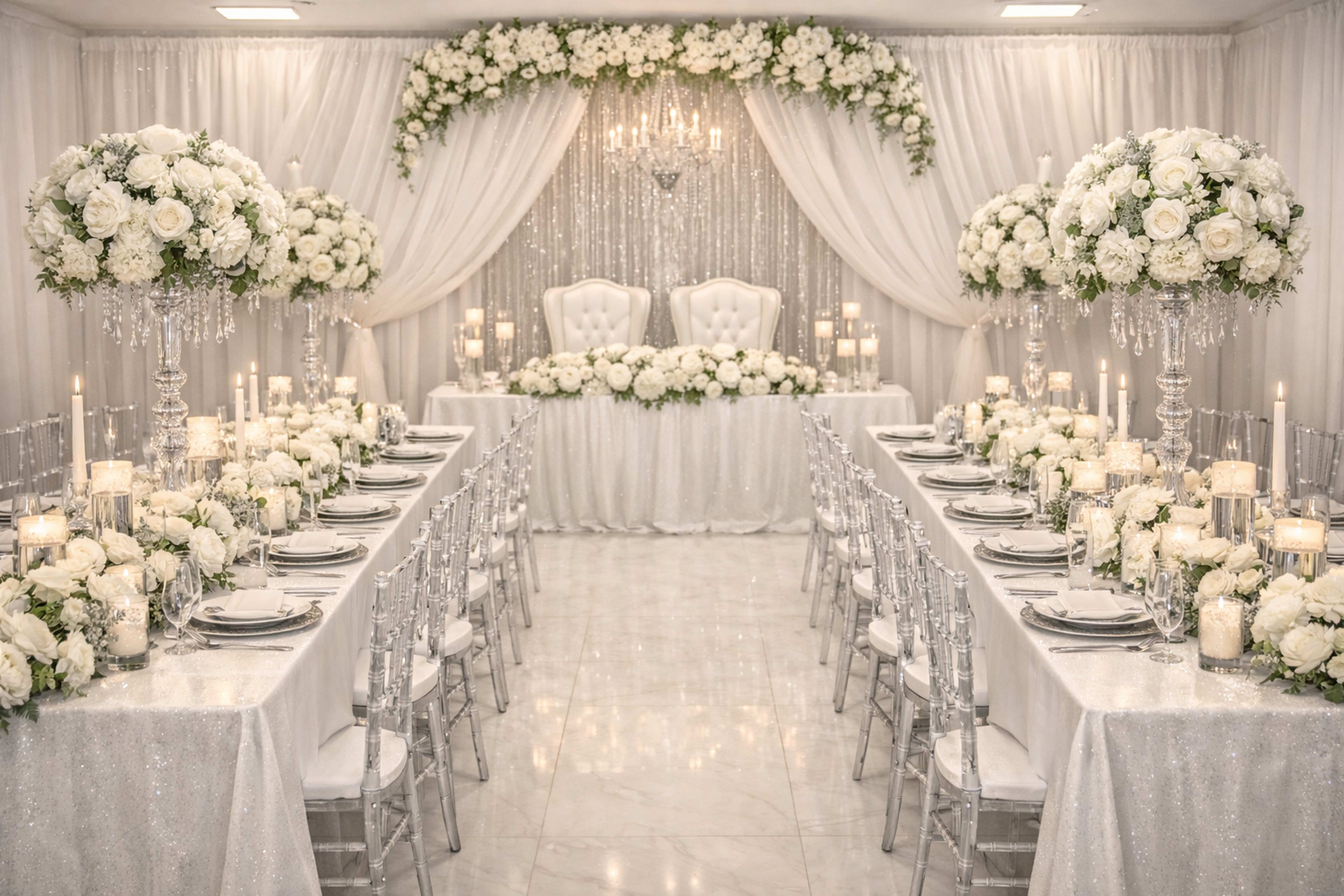 The image shows a elegantly decorated banquet hall with rows of tables adorned with white flowers, candles, and sparkling tablecloths, all under a backdrop of draped fabric and floral arrangements.
