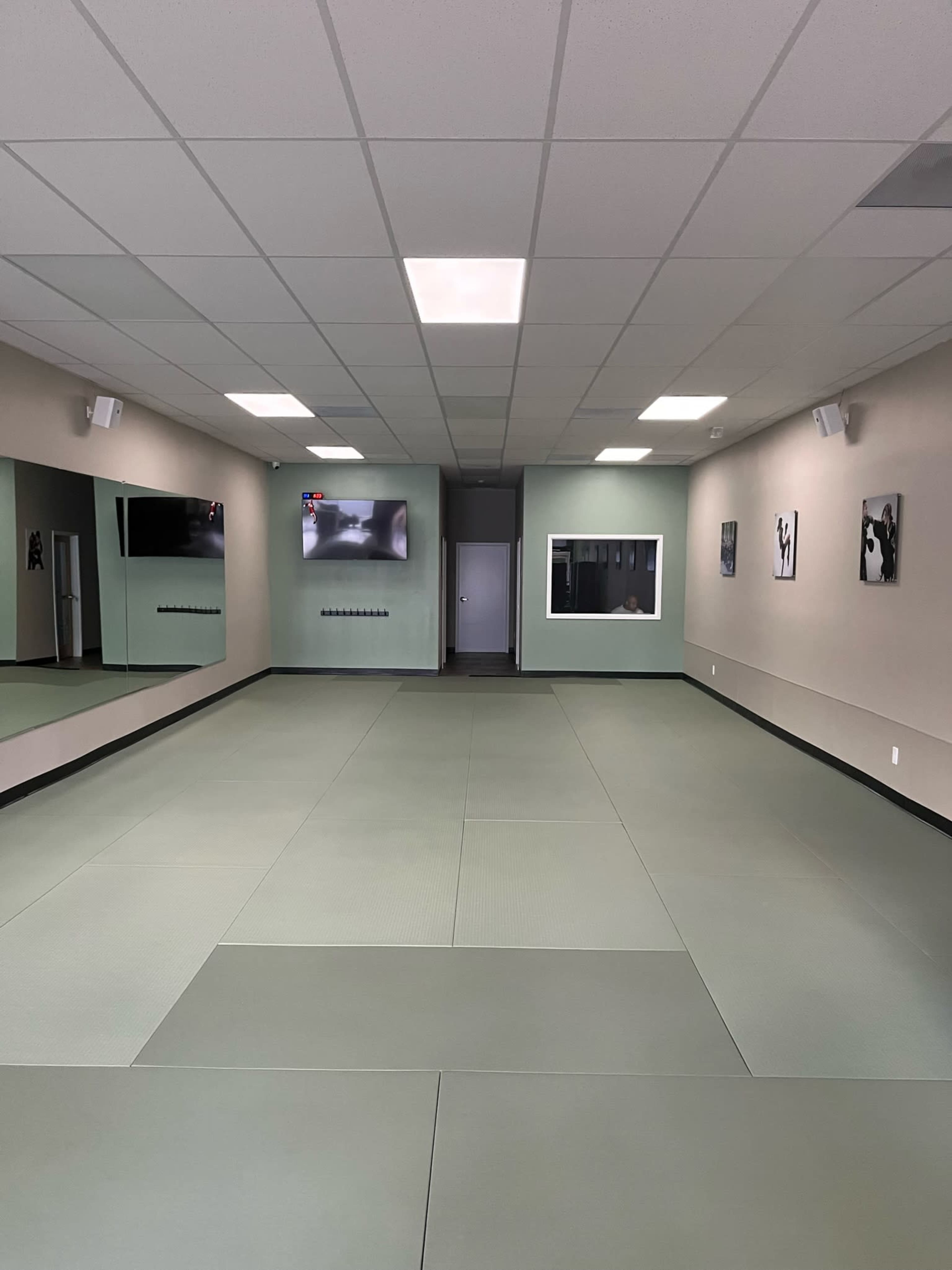 A spacious martial arts studio with green mats, mirrored walls, and framed photographs.