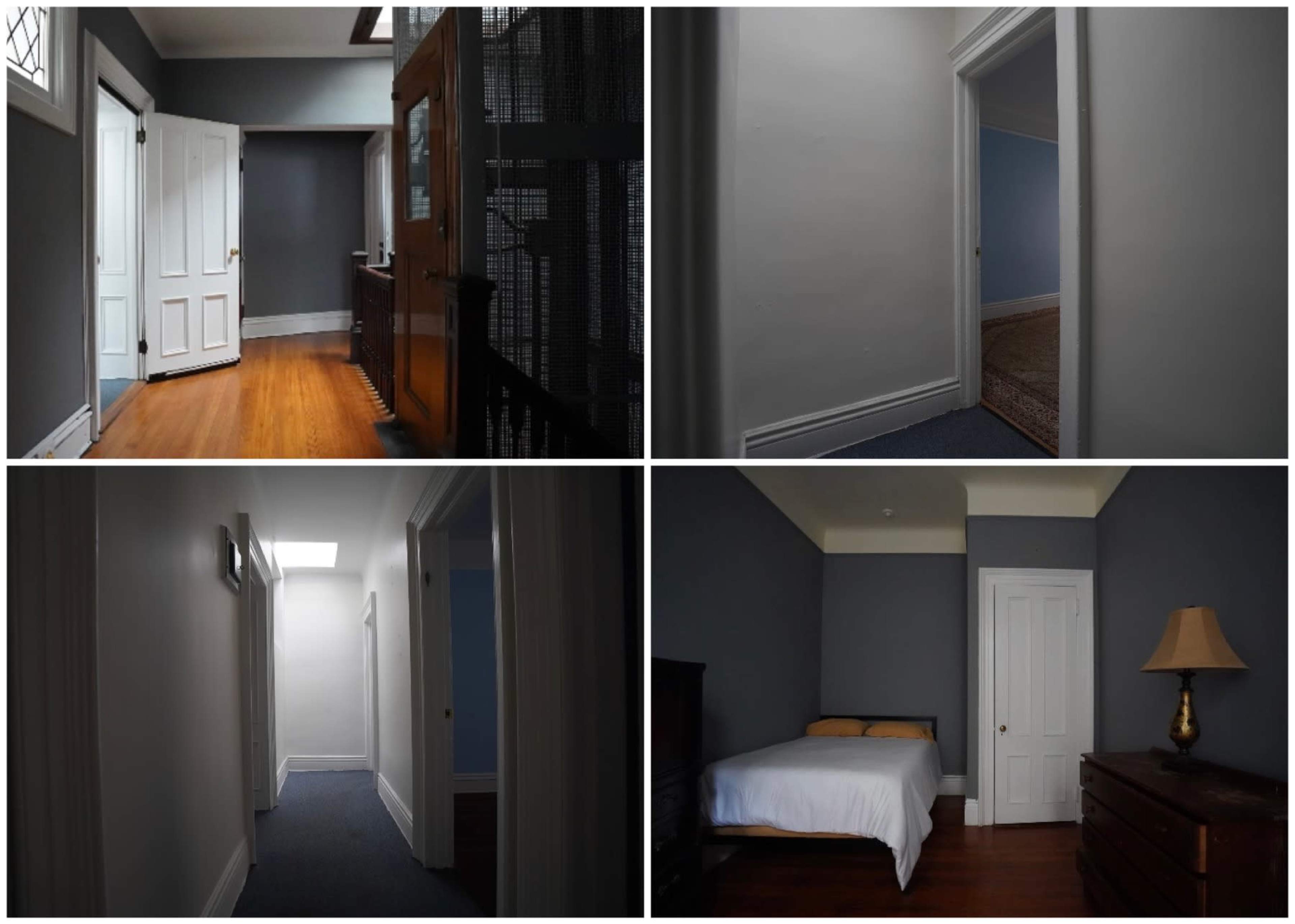 Various corridors and a bedroom showcasing neutral-colored walls, wooden flooring, and simple furnishings.