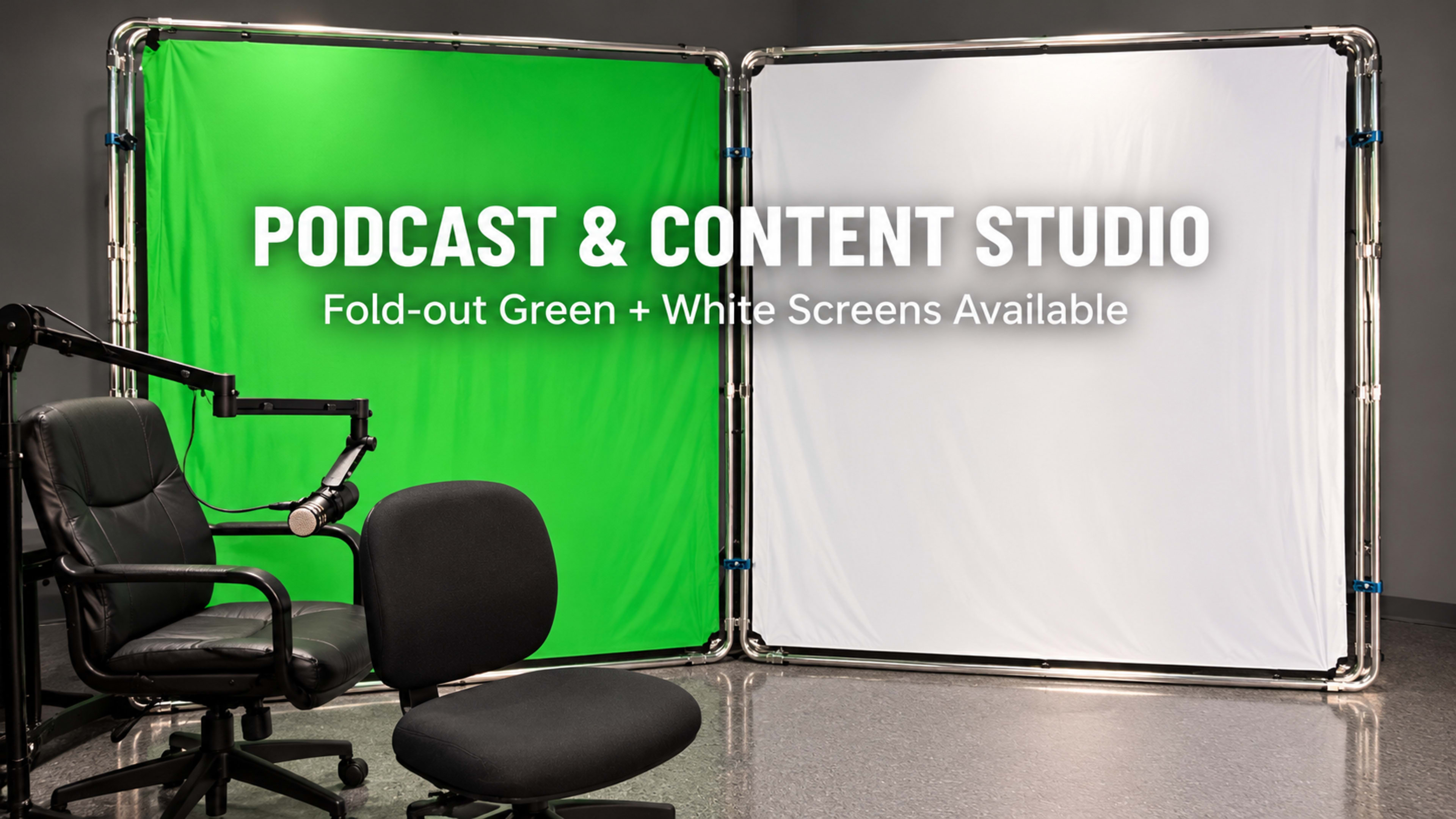 The image shows a podcast and content studio featuring fold-out green and white screens, along with a black office chair and a swivel chair.