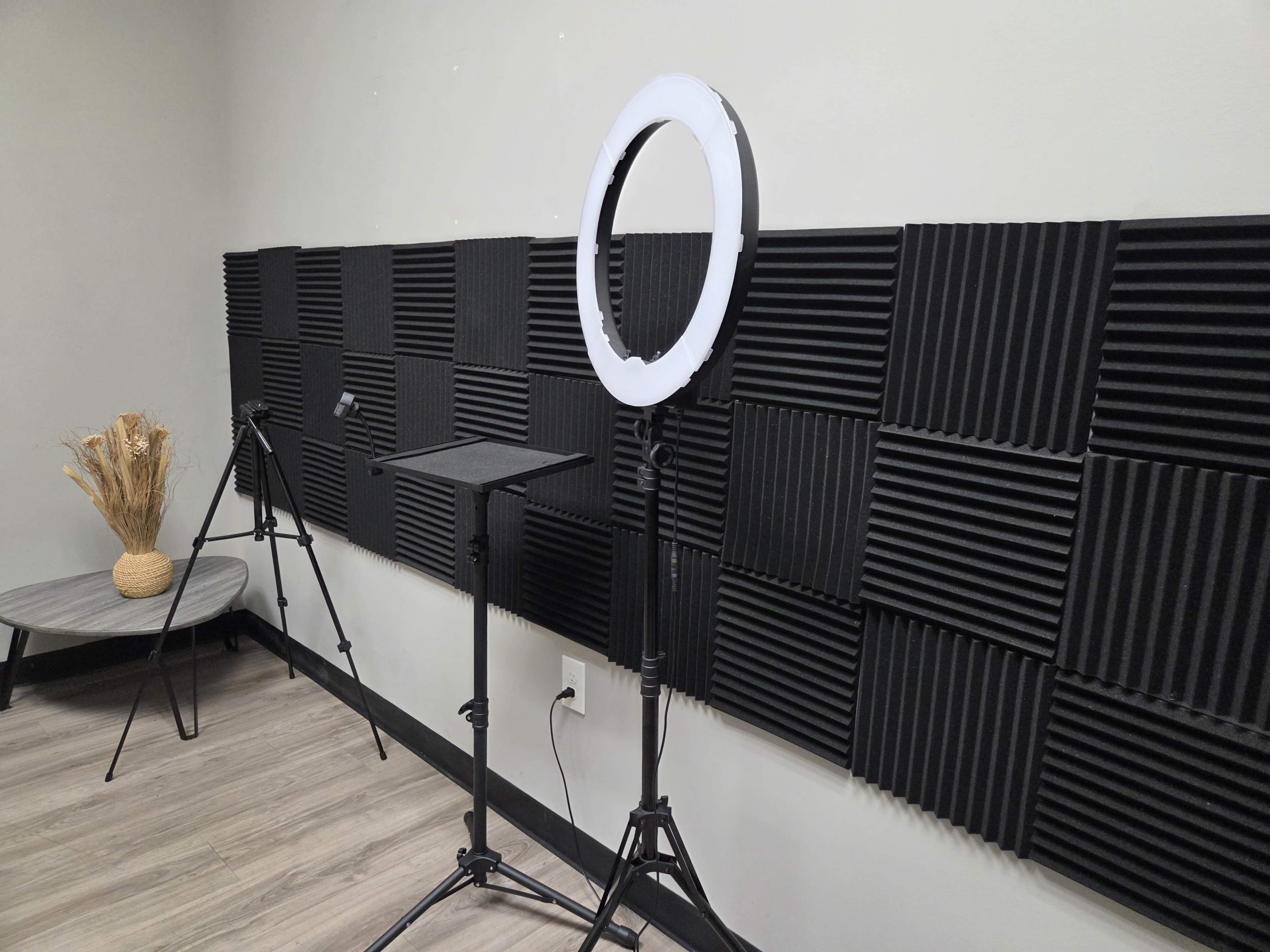 The image shows a setup for video recording, featuring a ring light, a microphone stand, and sound-absorbing foam panels on the wall.