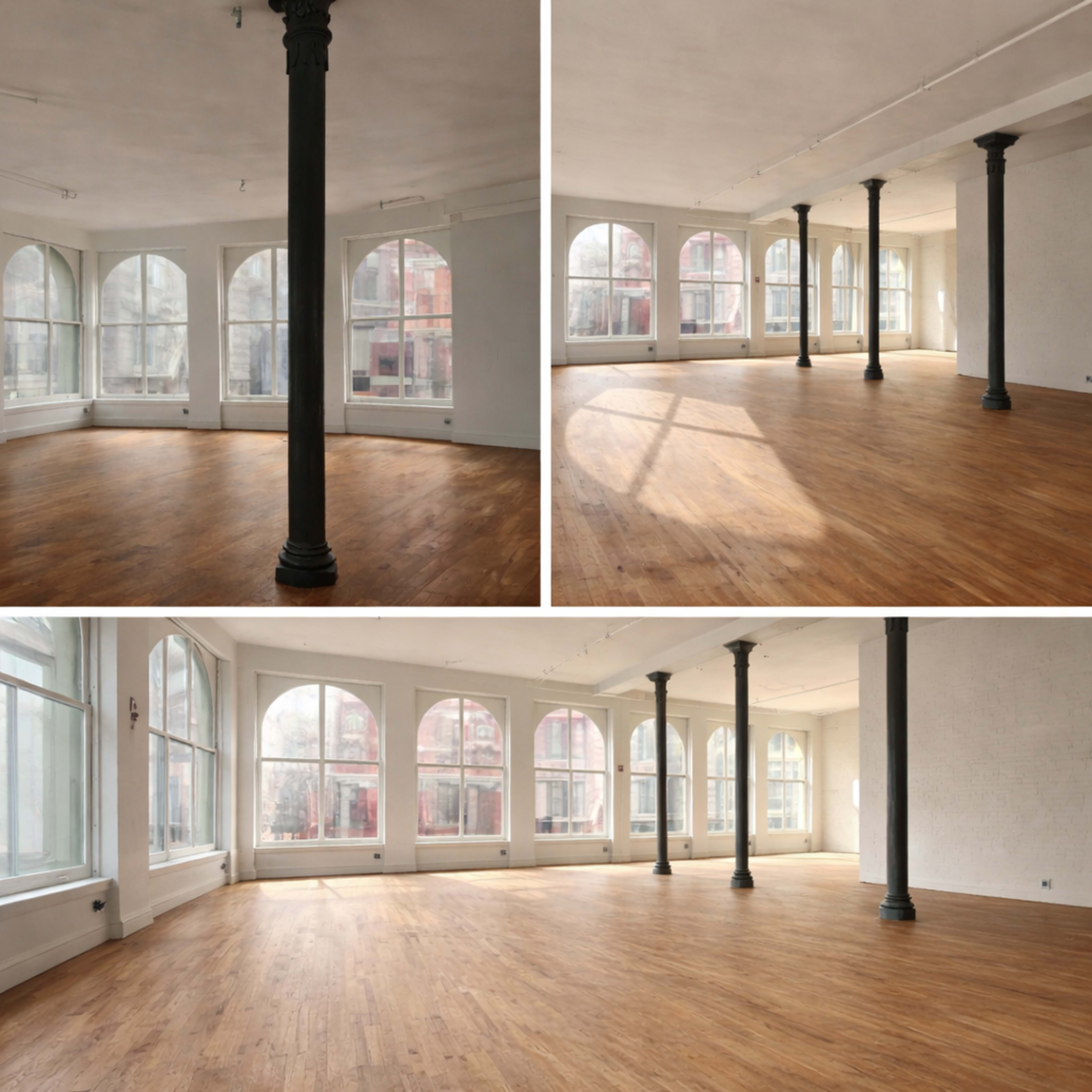 The image shows a spacious, empty room with wooden floors, large arched windows, and several supporting columns.