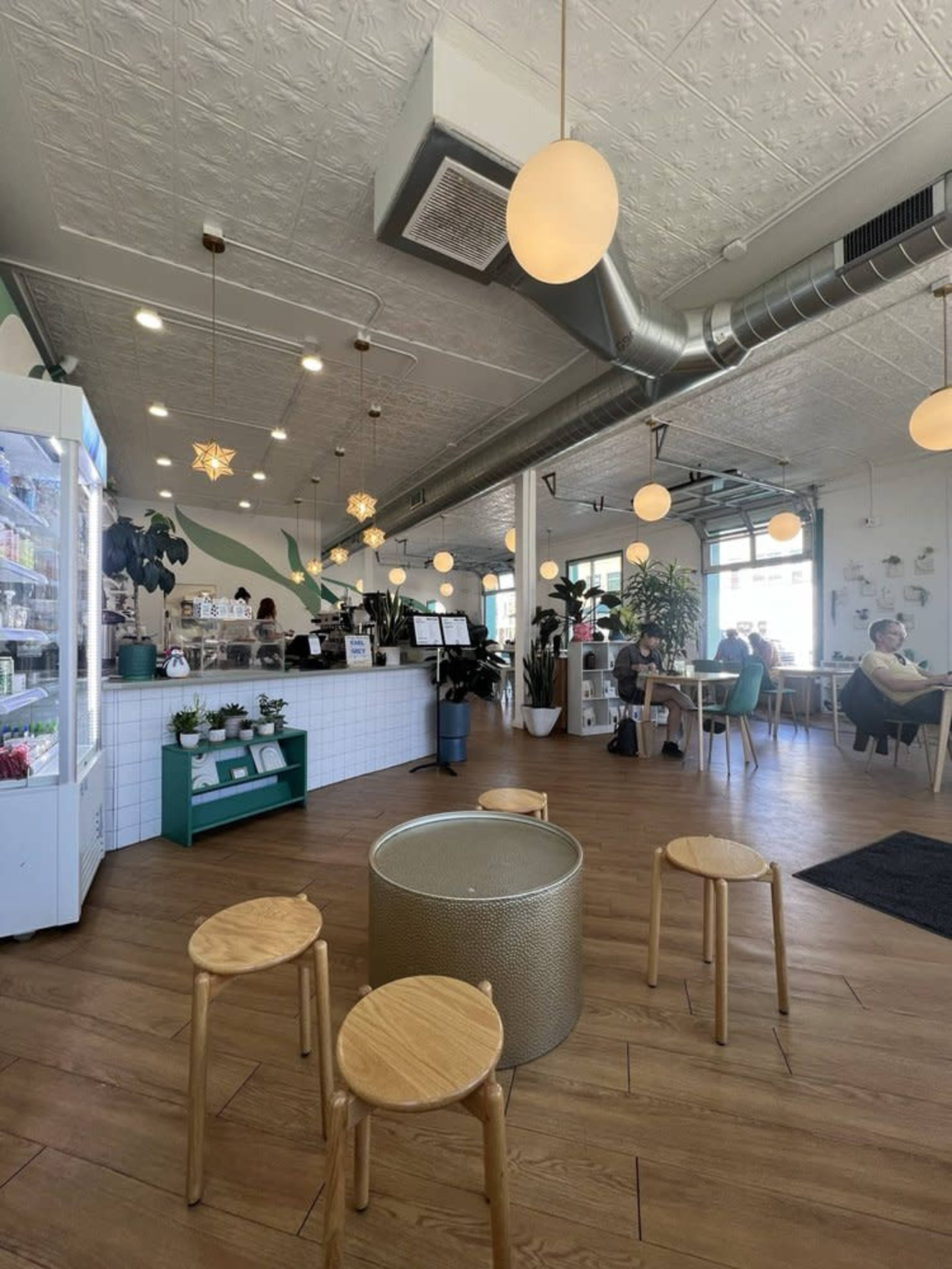 The image shows a bright, modern café with a wooden floor, green plants, and a counter where customers are being served.