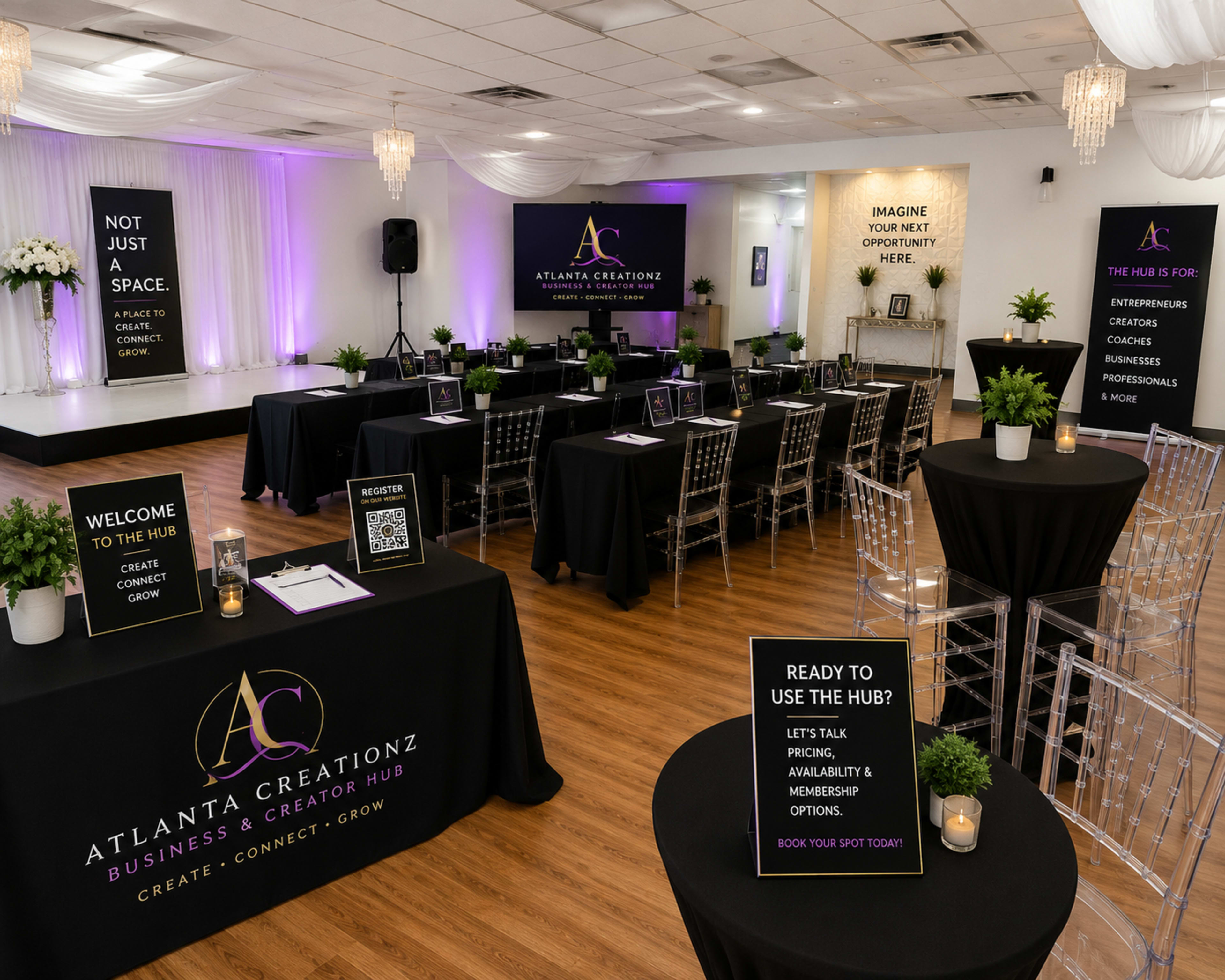 The image shows a business event space set up with tables and signage promoting Atlanta Creationz, a business creator hub, designed for networking and collaboration.