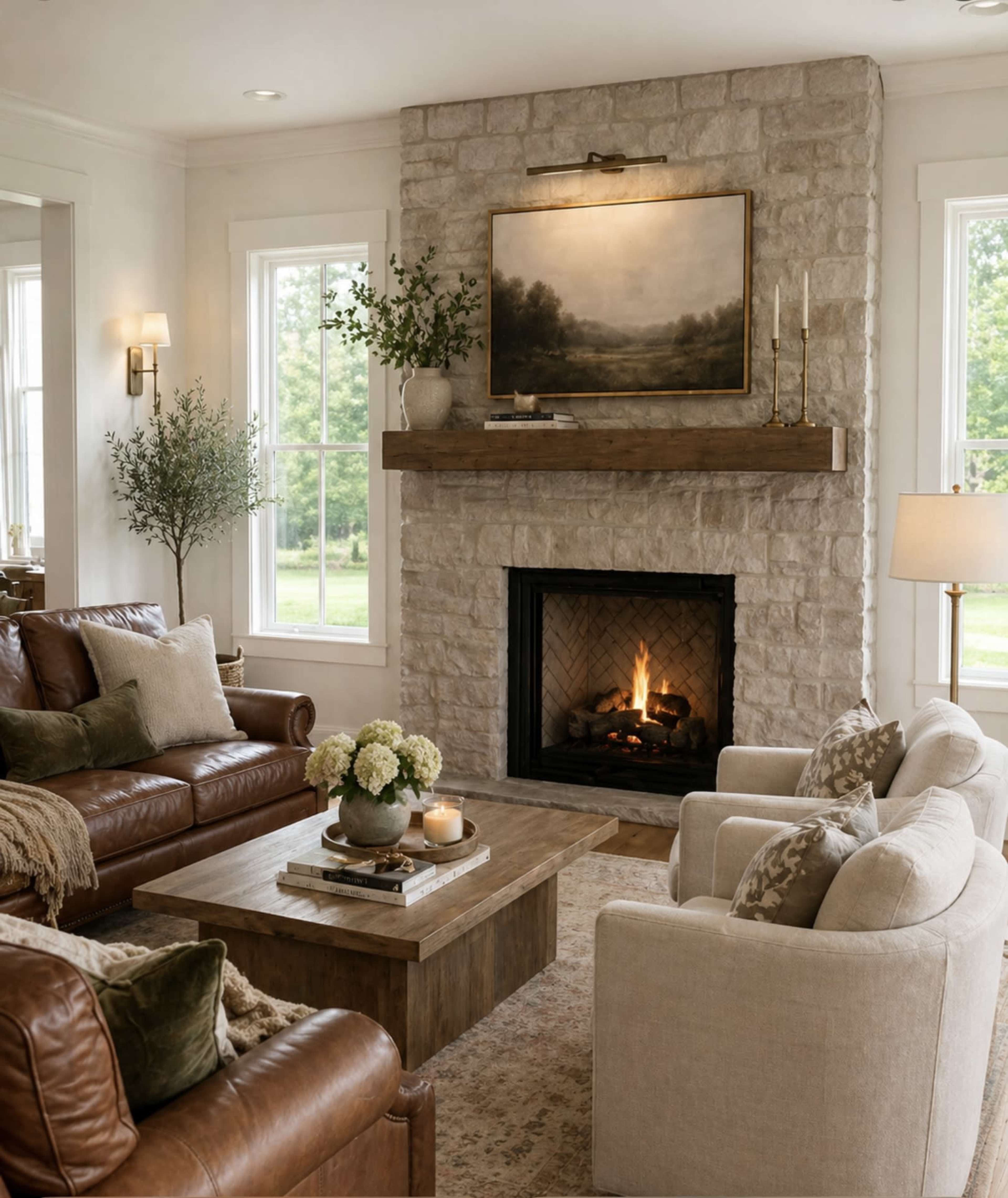The image shows a comfortable living room featuring a stone fireplace, two sofas, a wooden coffee table, and large windows that allow natural light to enter.