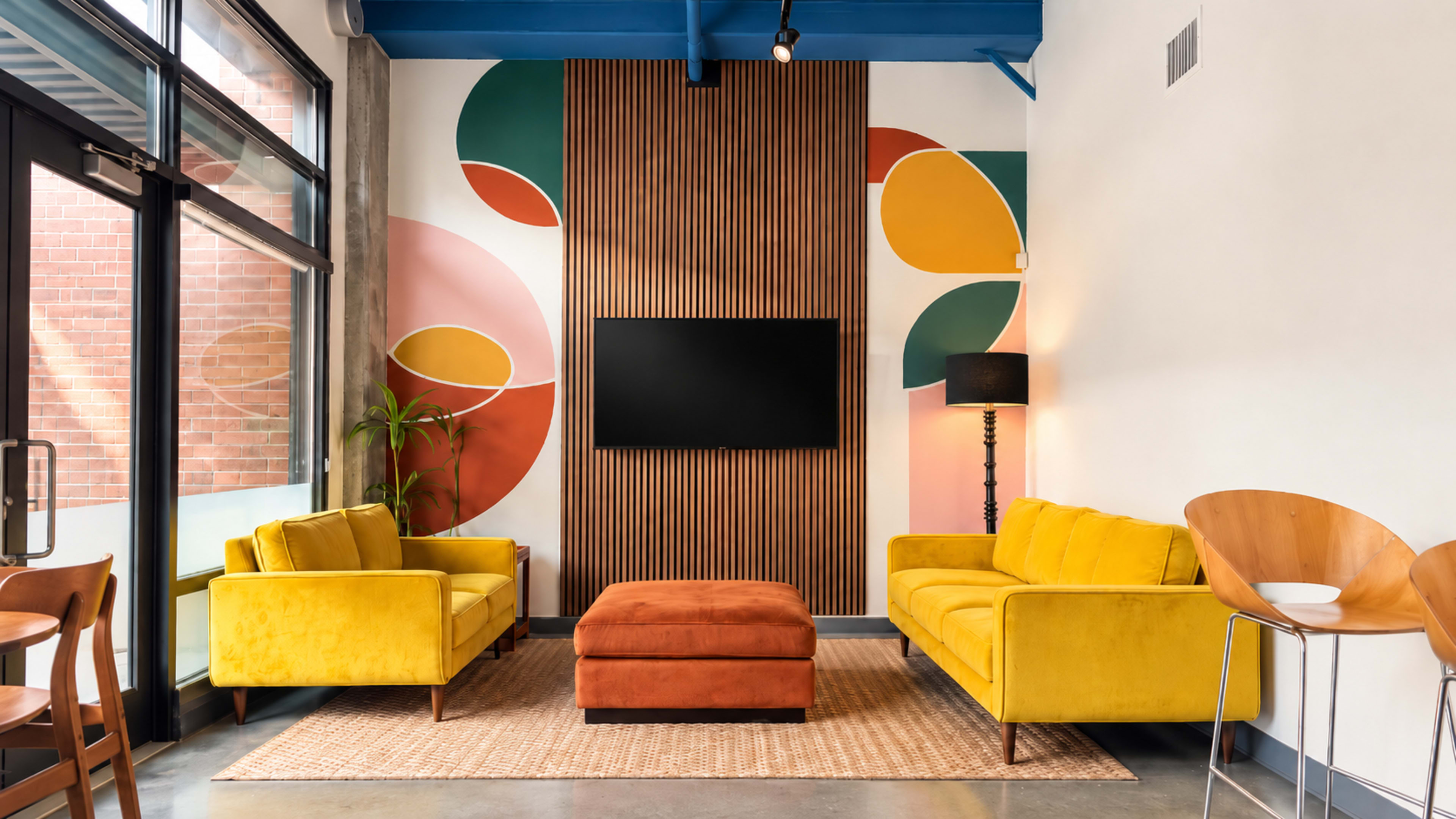 The image shows a modern lounge area with yellow and orange sofas, a wooden accent wall, a flat-screen TV, and colorful wall art.