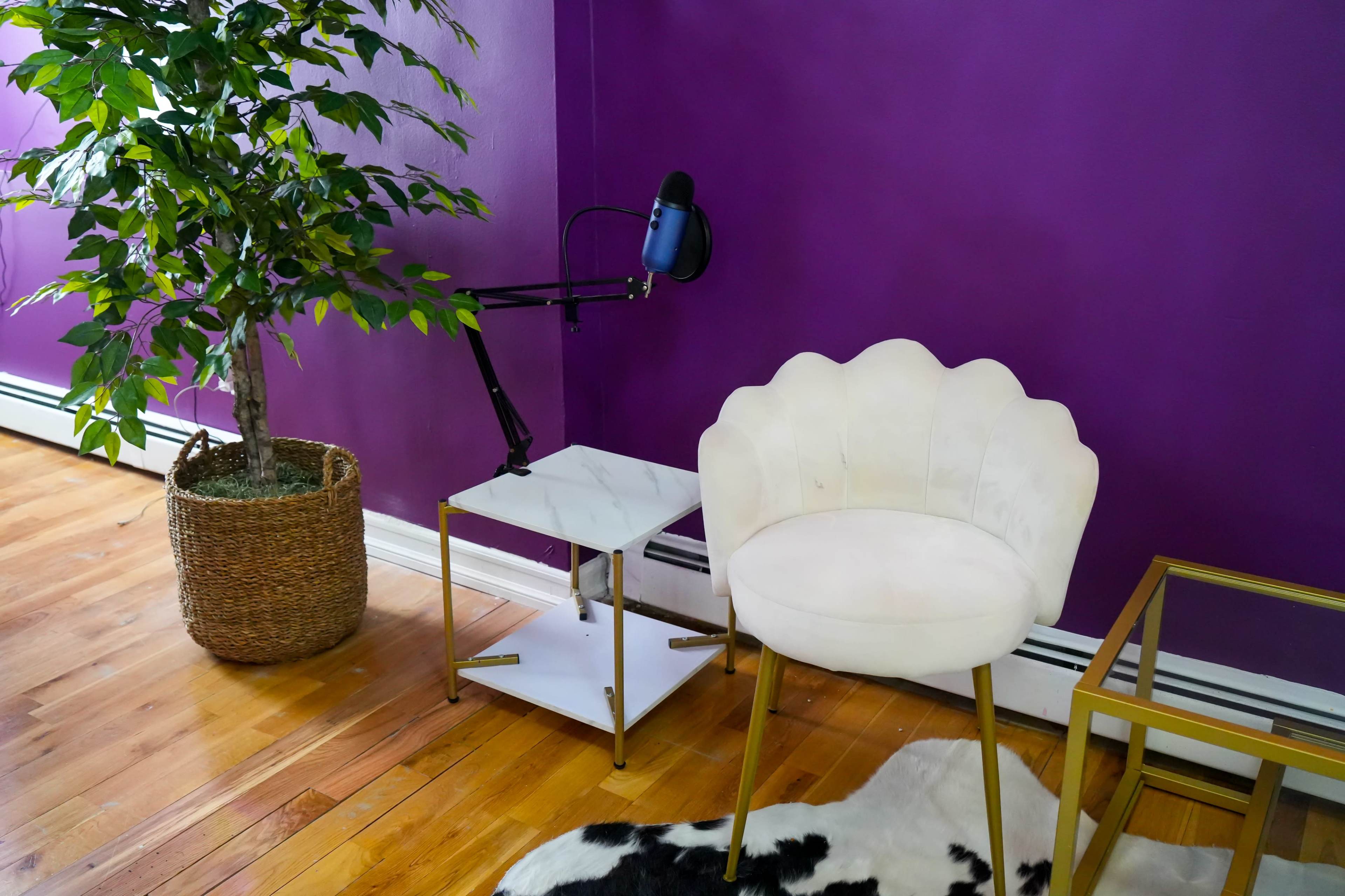 A cozy corner features a scallop-shaped white chair next to a small white table with a black microphone attached to a stand, alongside a potted plant and a cowhide rug on a wooden floor.