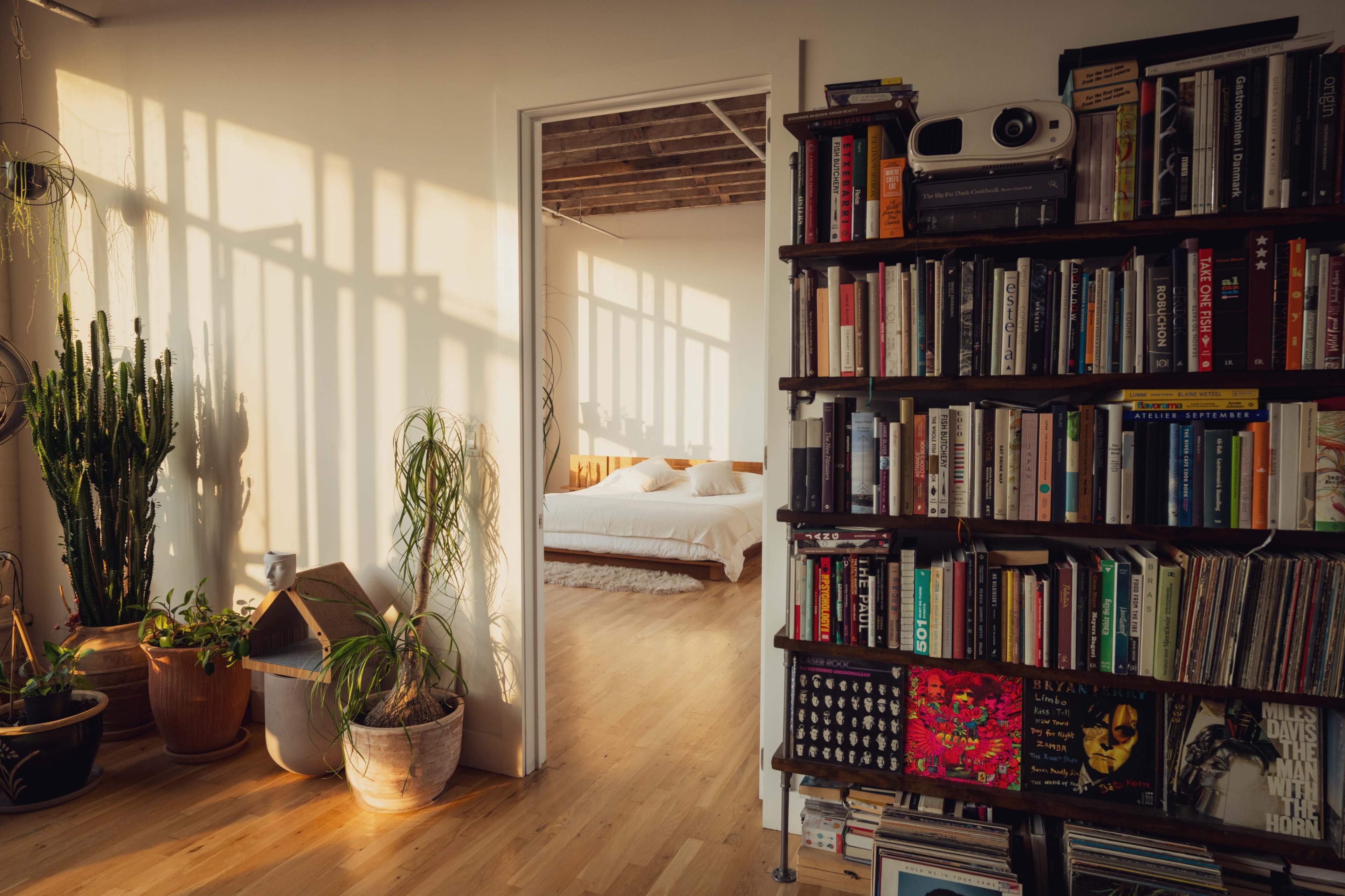 The image shows a cozy living space featuring a bookshelf filled with books, potted plants, and an open doorway leading to a bedroom with a bed visible inside.