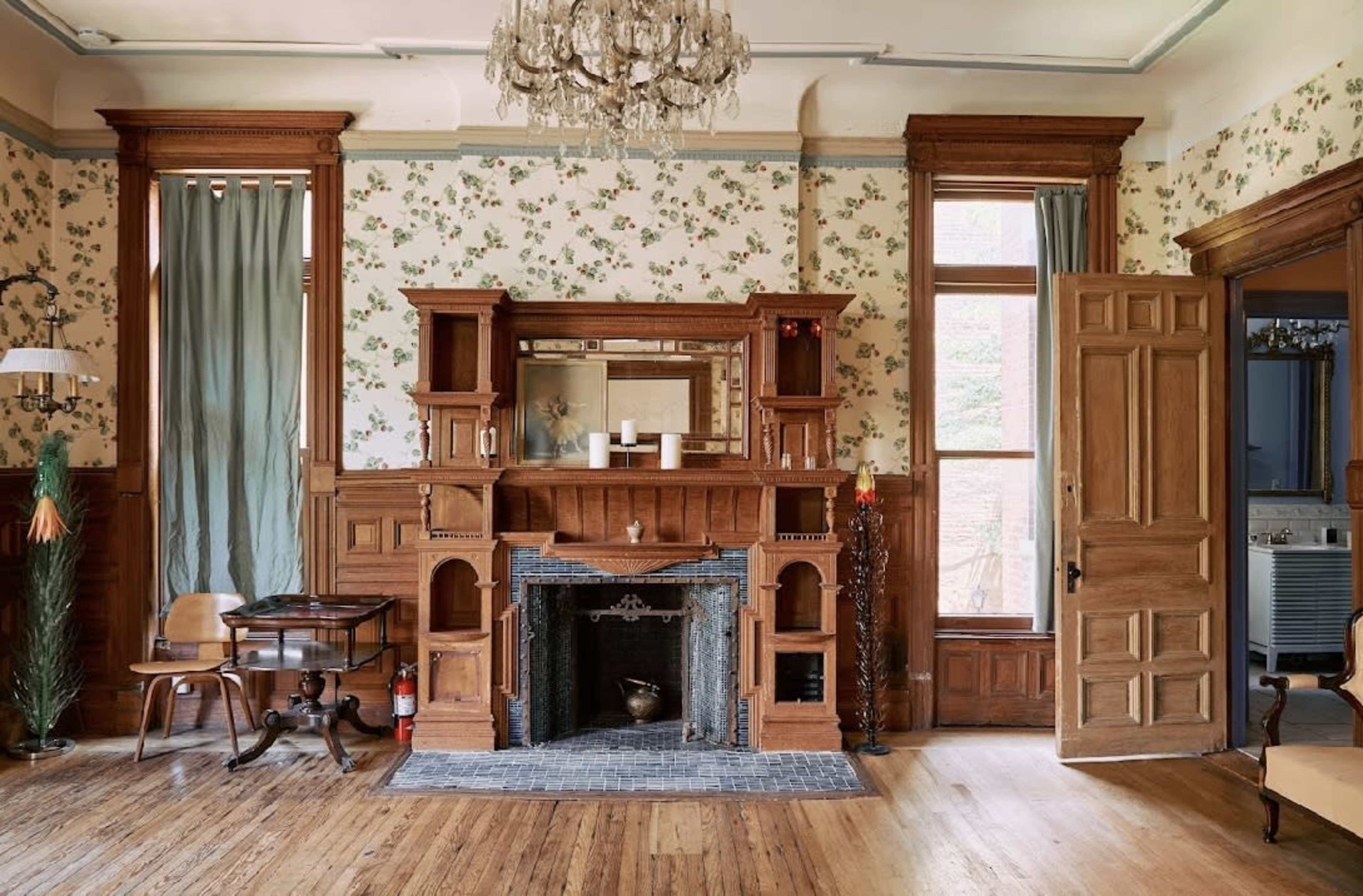 Classic Wallpapered Parlor Room with Fireplace and Wood Details Image in Bedford-Stuyvesant, Brooklyn, NY