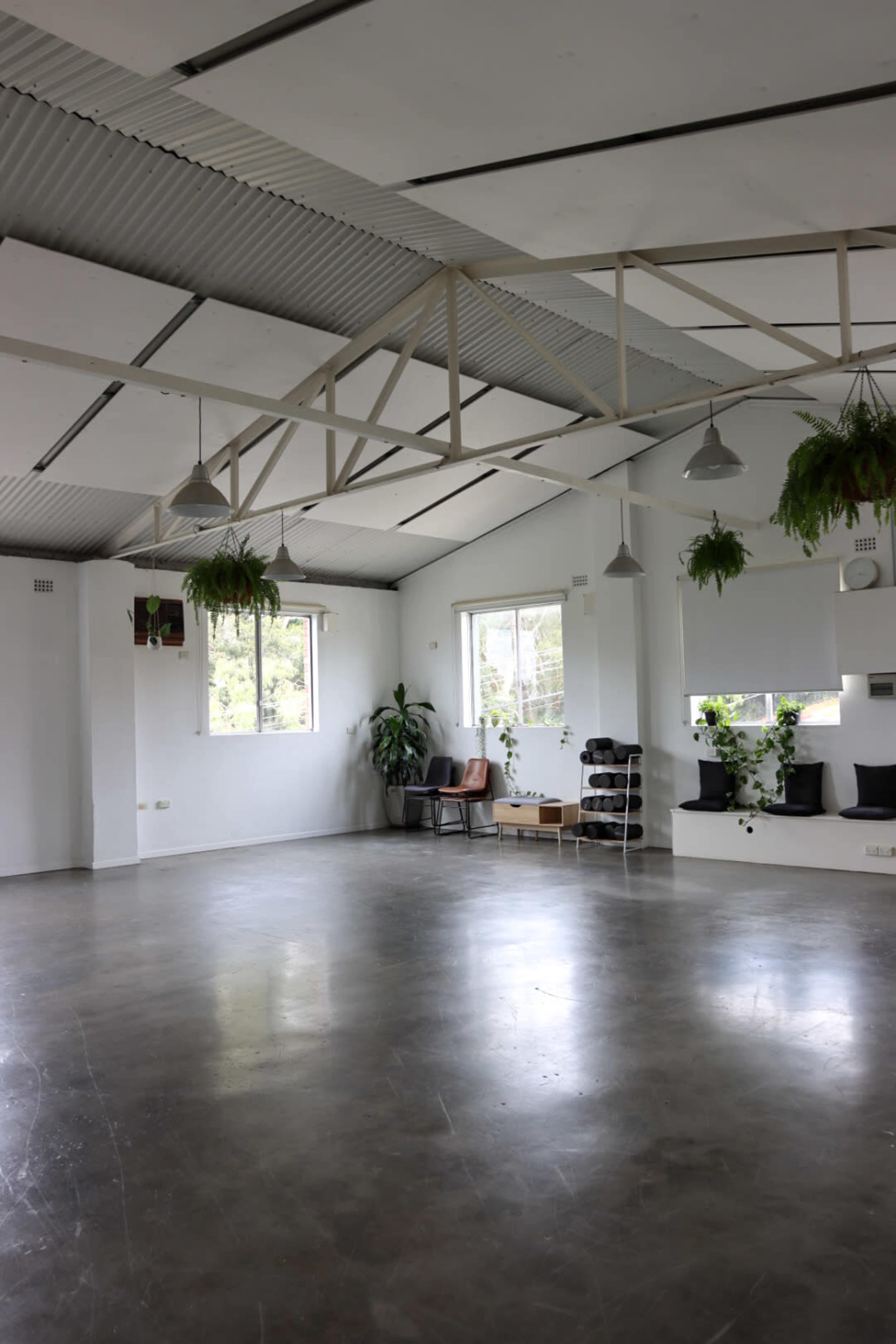 A spacious, empty room with high ceilings, large windows, and greenery hanging from the rafters.