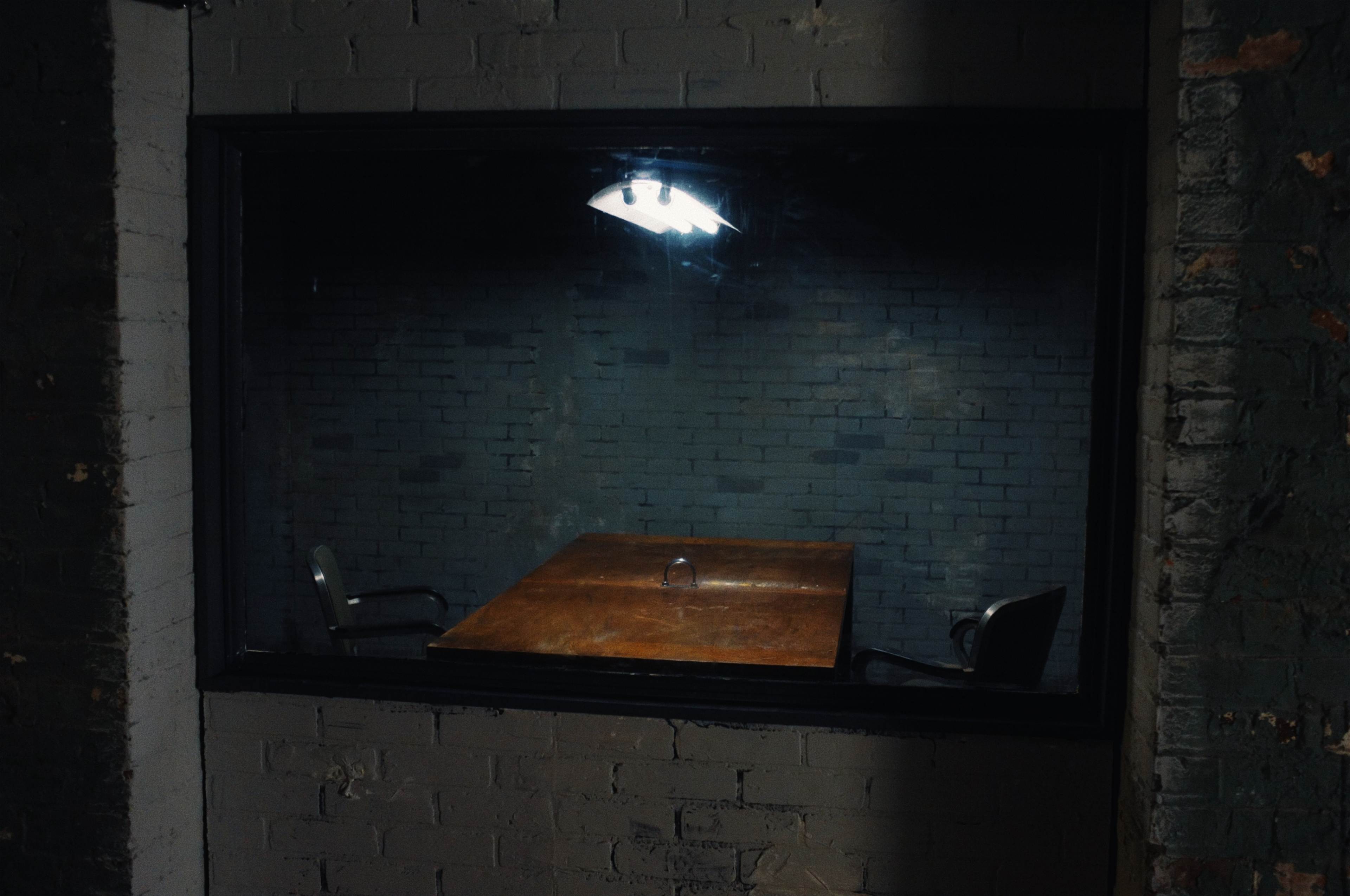 A small, empty room with a wooden table and two chairs is visible through a large window.