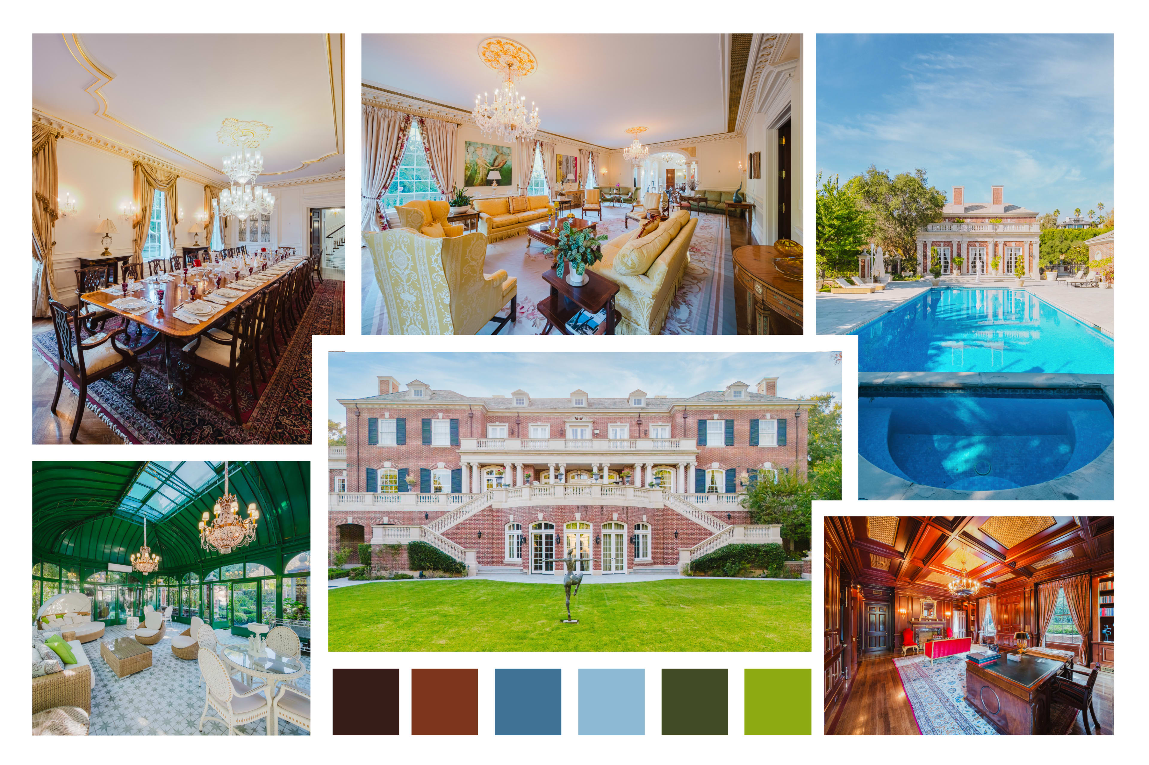 The image showcases a luxurious mansion featuring a grand dining room, elegant living spaces, a serene pool area, and a lush outdoor garden.