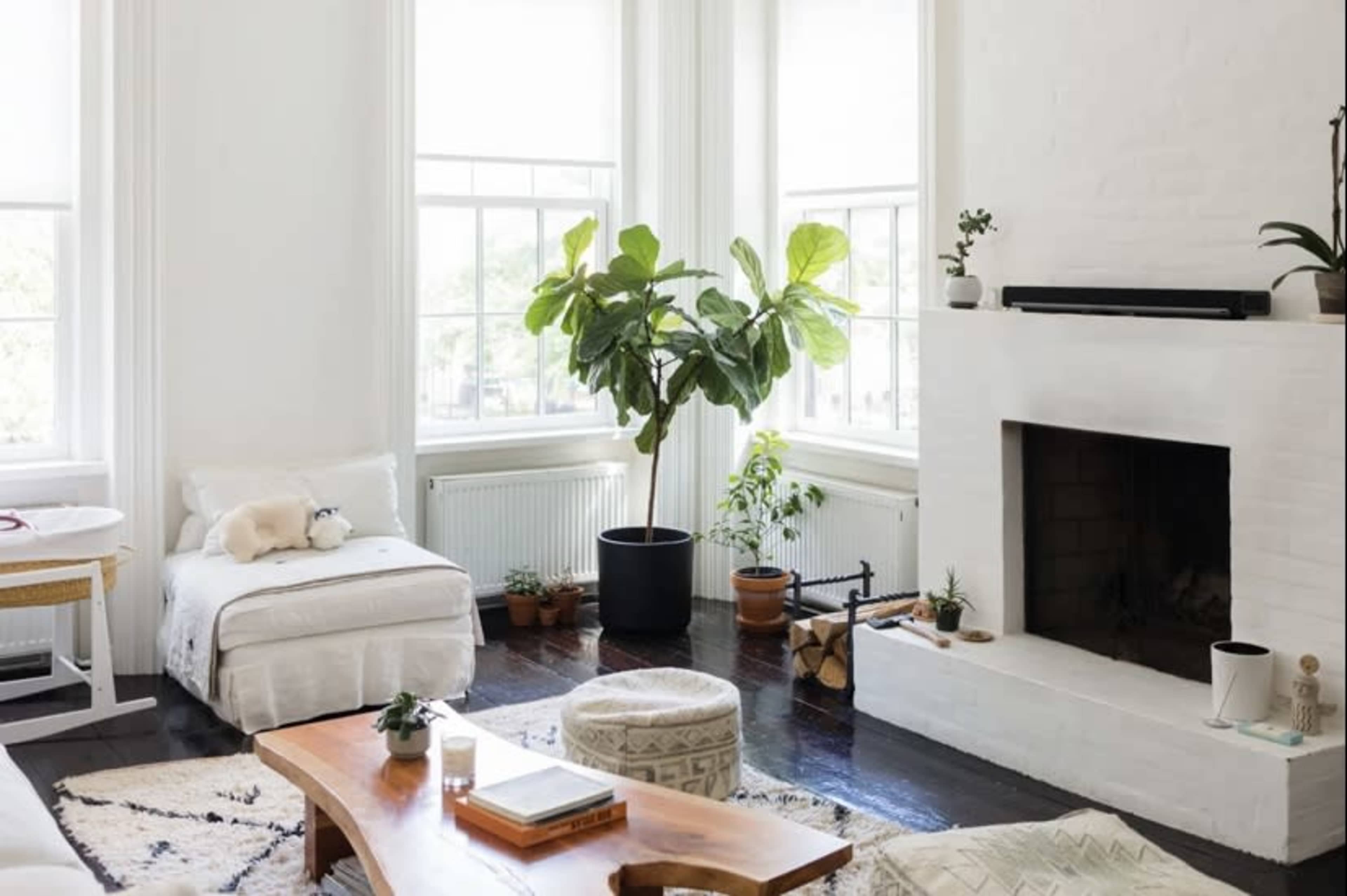 A bright living room features large windows, a cozy seating area with a white couch, a wooden coffee table, and houseplants beside a minimalist fireplace.