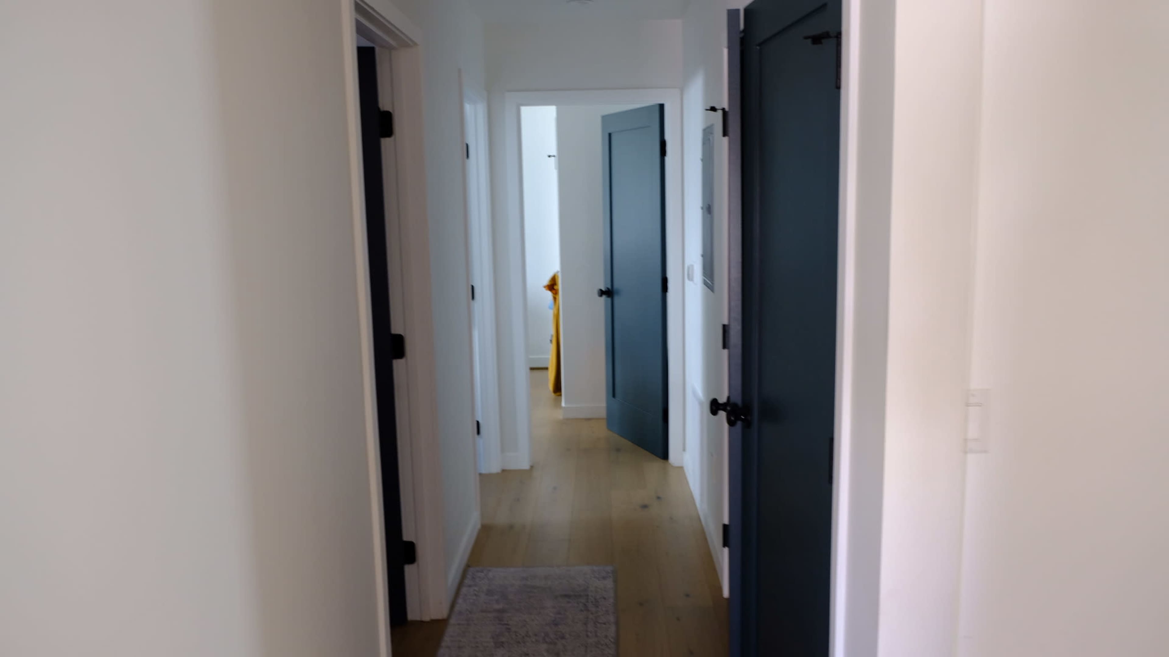 A narrow hallway features several closed doors along its walls, with light-colored walls and wooden flooring.