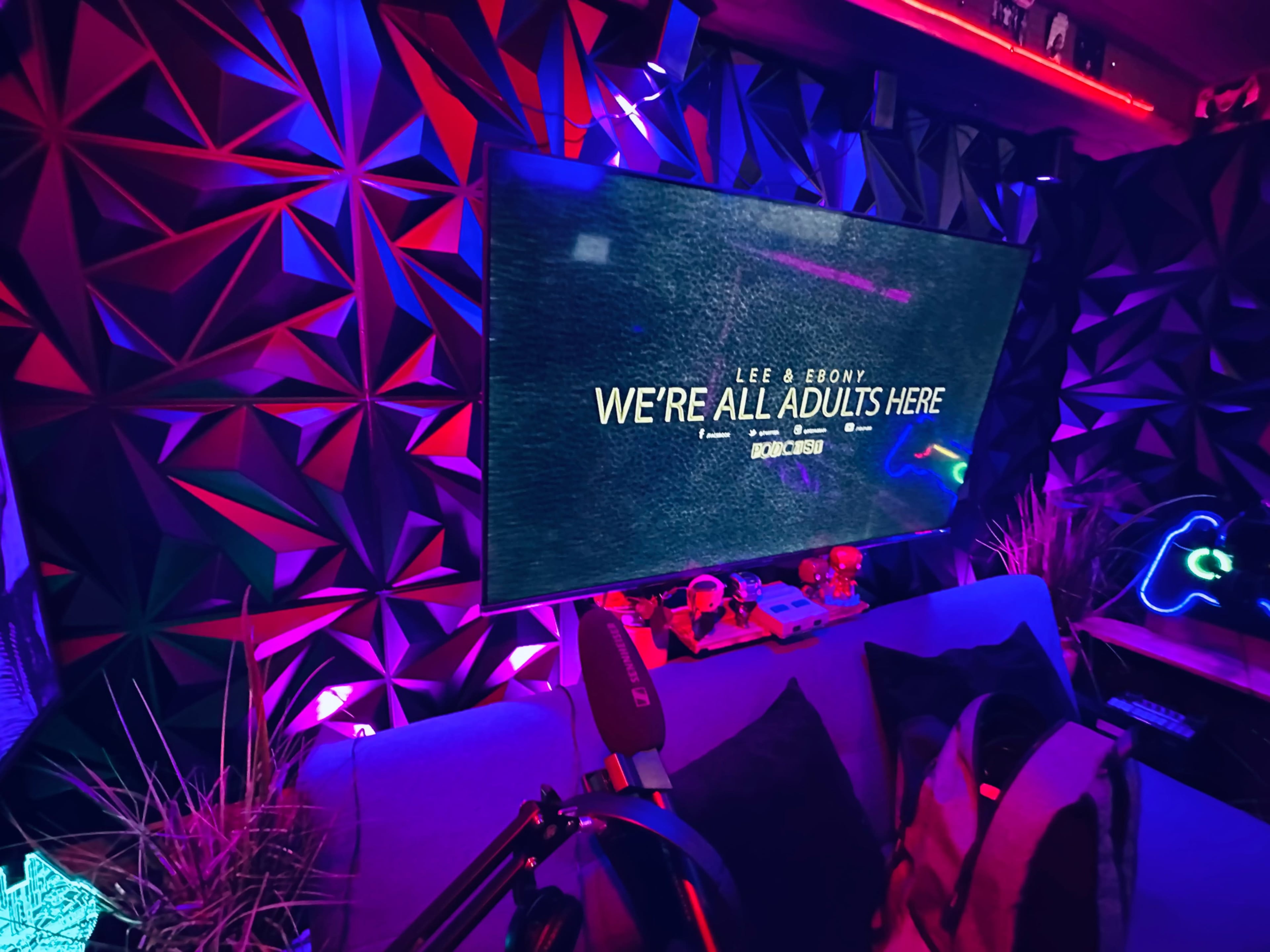 The image shows a modern living space with a large television displaying the text "WE'RE ALL ADULTS HERE" against a textured wall illuminated by colorful lighting.