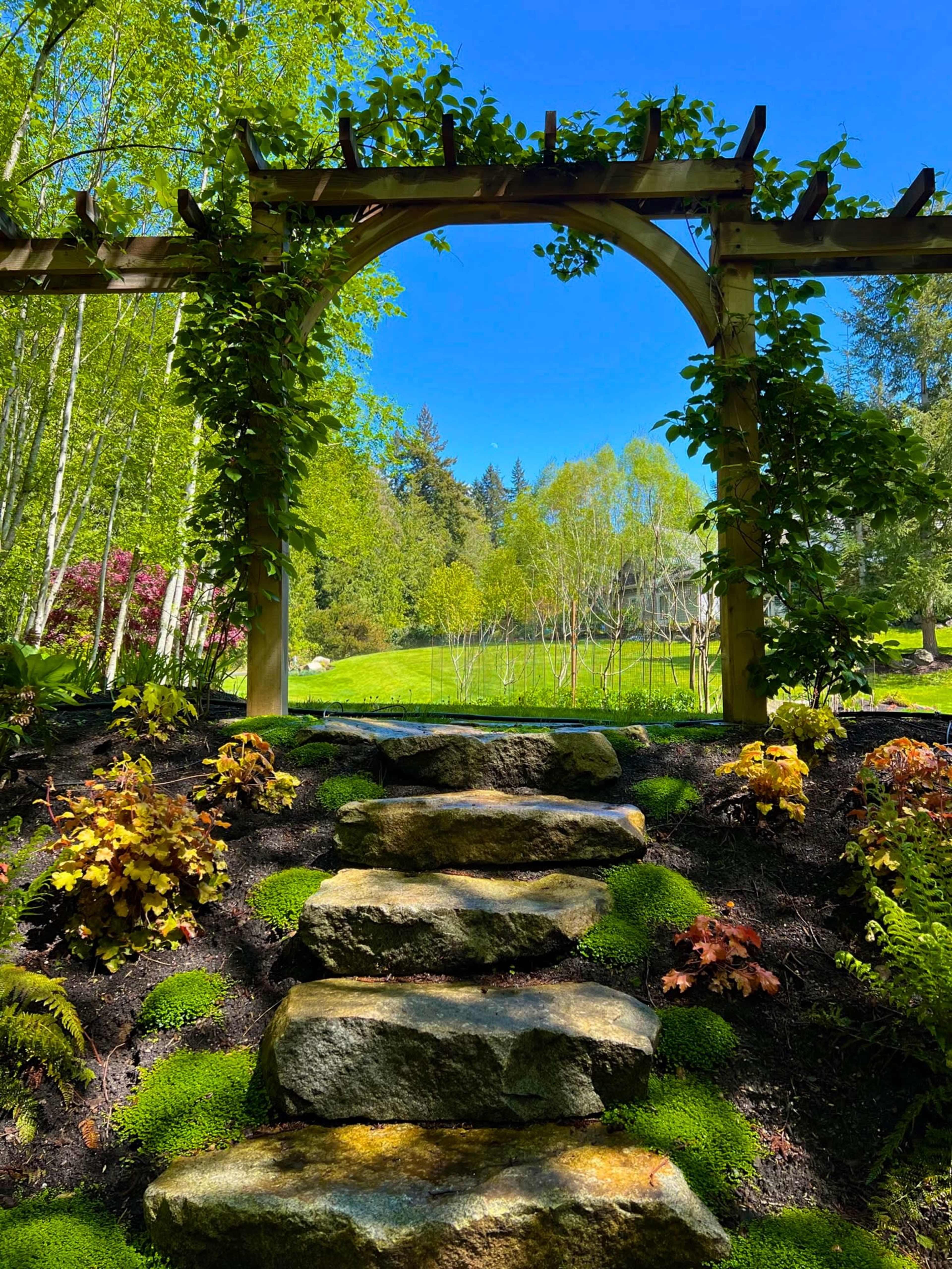 A gravel path leads upward through a garden arch adorned with climbing plants, framed by lush greenery and vibrant flowers.