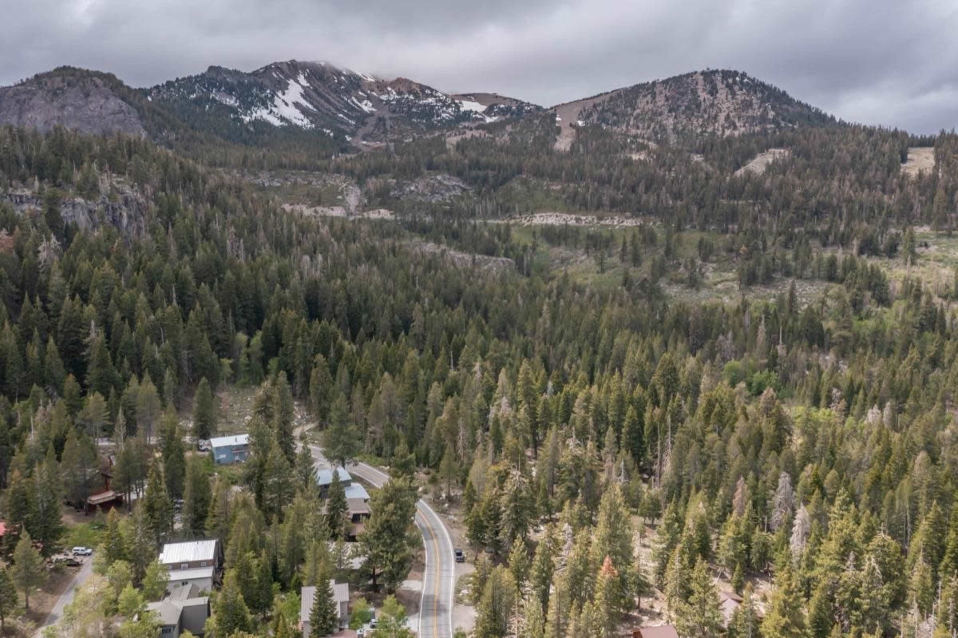 An aerial view of a mountainous landscape featuring a winding road, scattered houses, and dense pine forests.